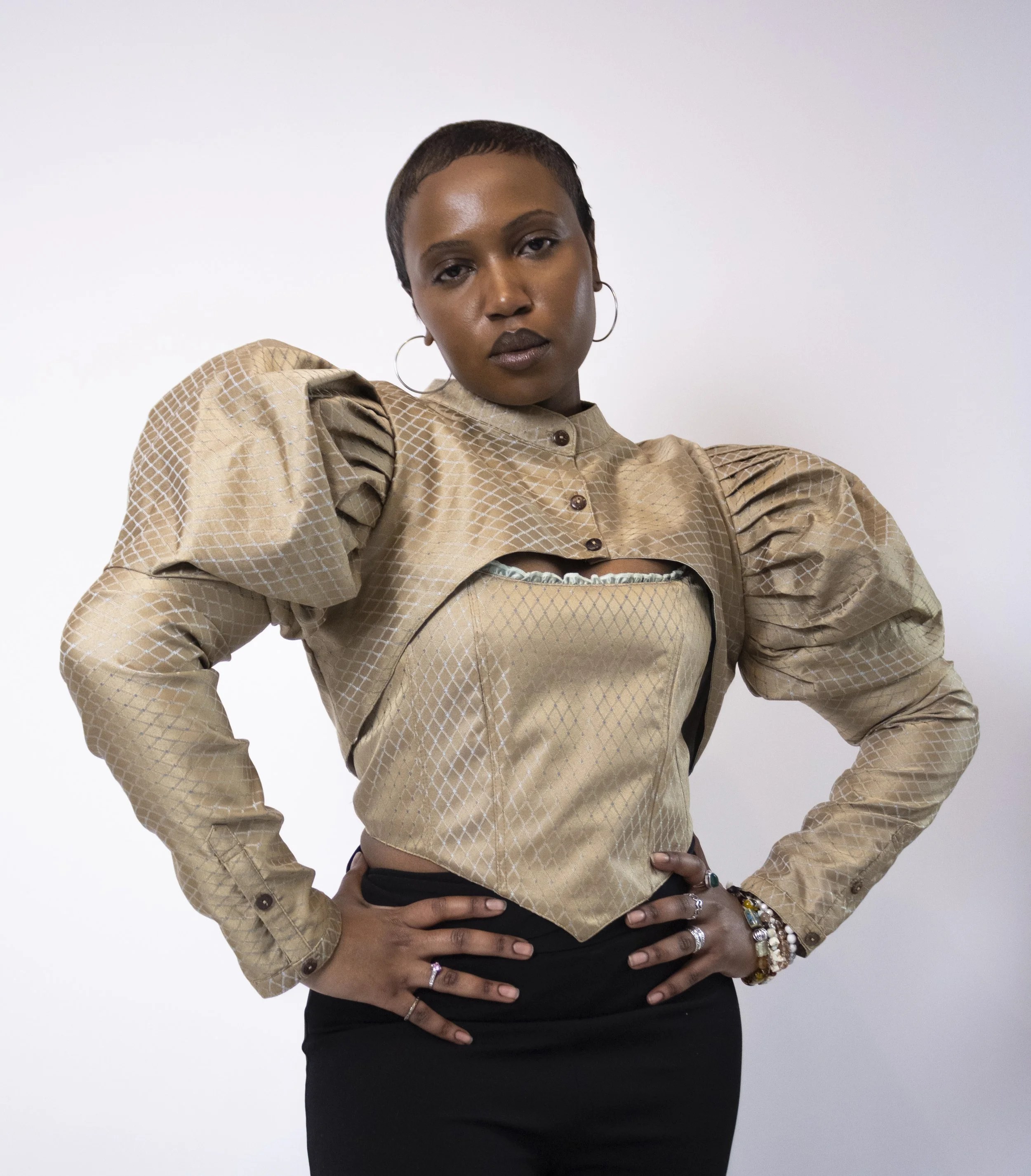 1:1 Upcycled Gold Jacquard Bolero Puff Sleeve Jacket – L