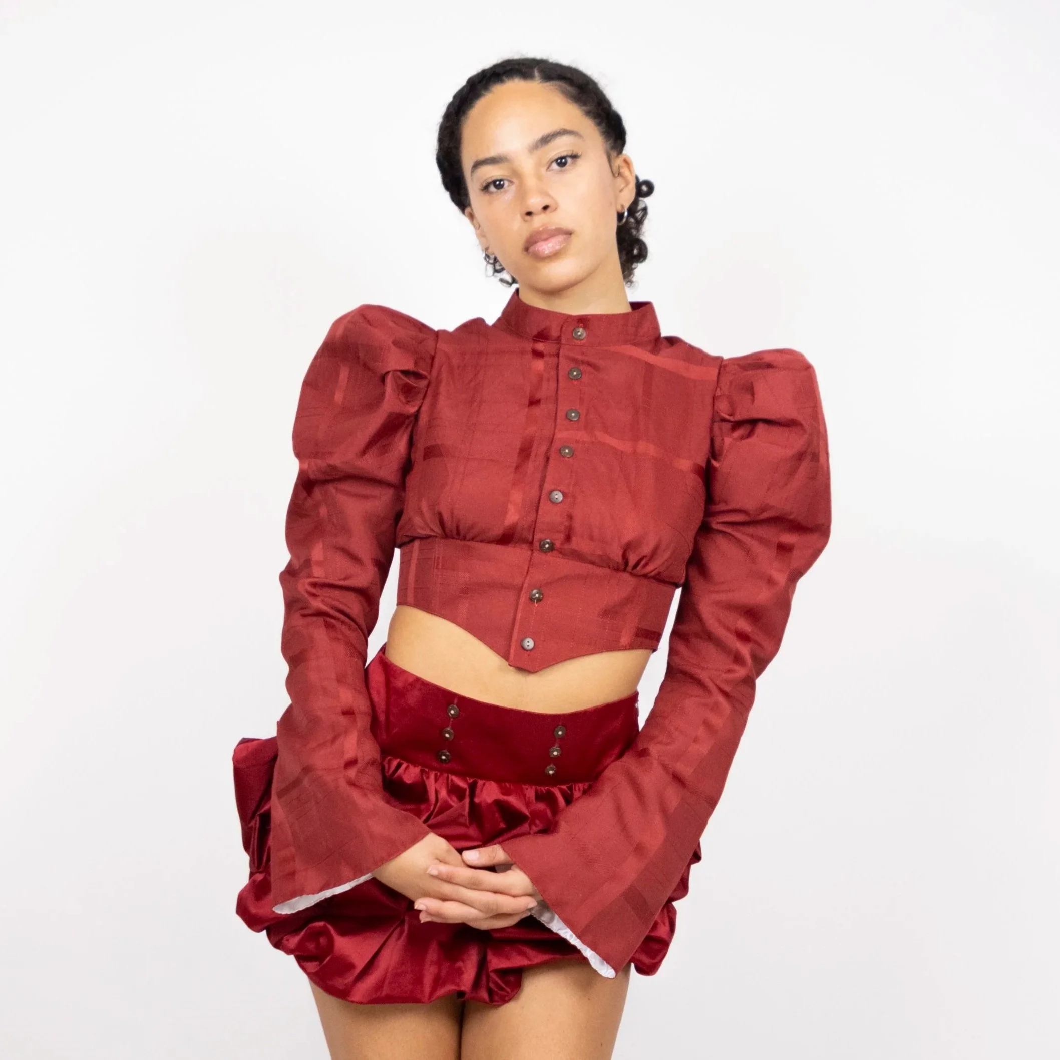 1:1 Upcycled Brick Red Windowpane Puff Sleeve Top – M