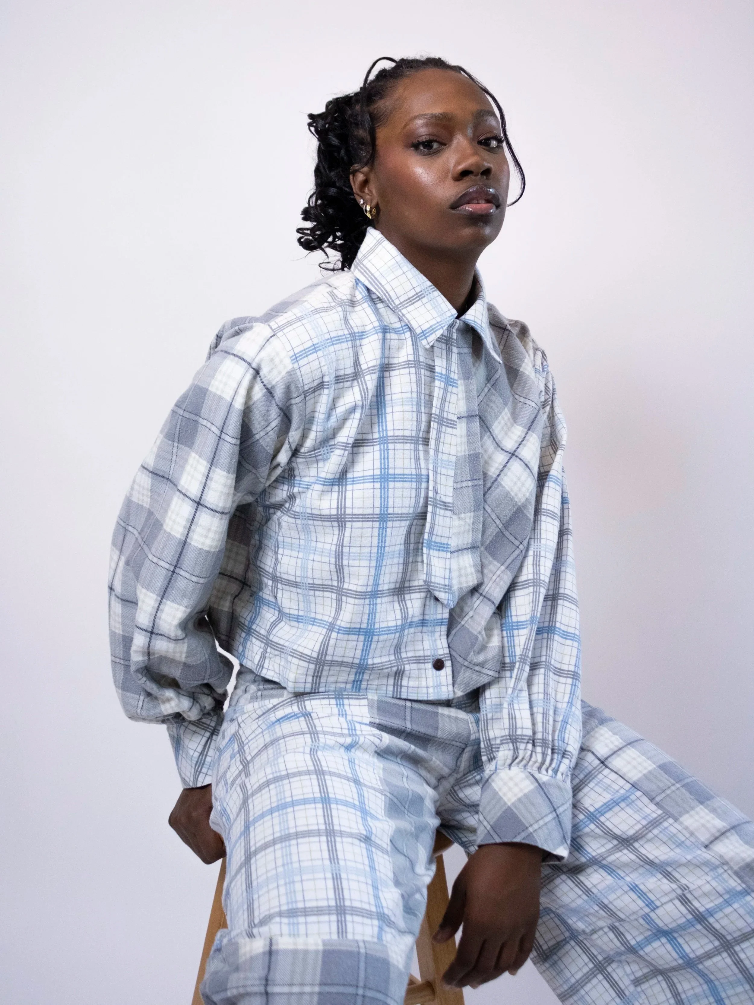 1:1 Upcycled Blue Plaid Boxy Crop Button Up – L