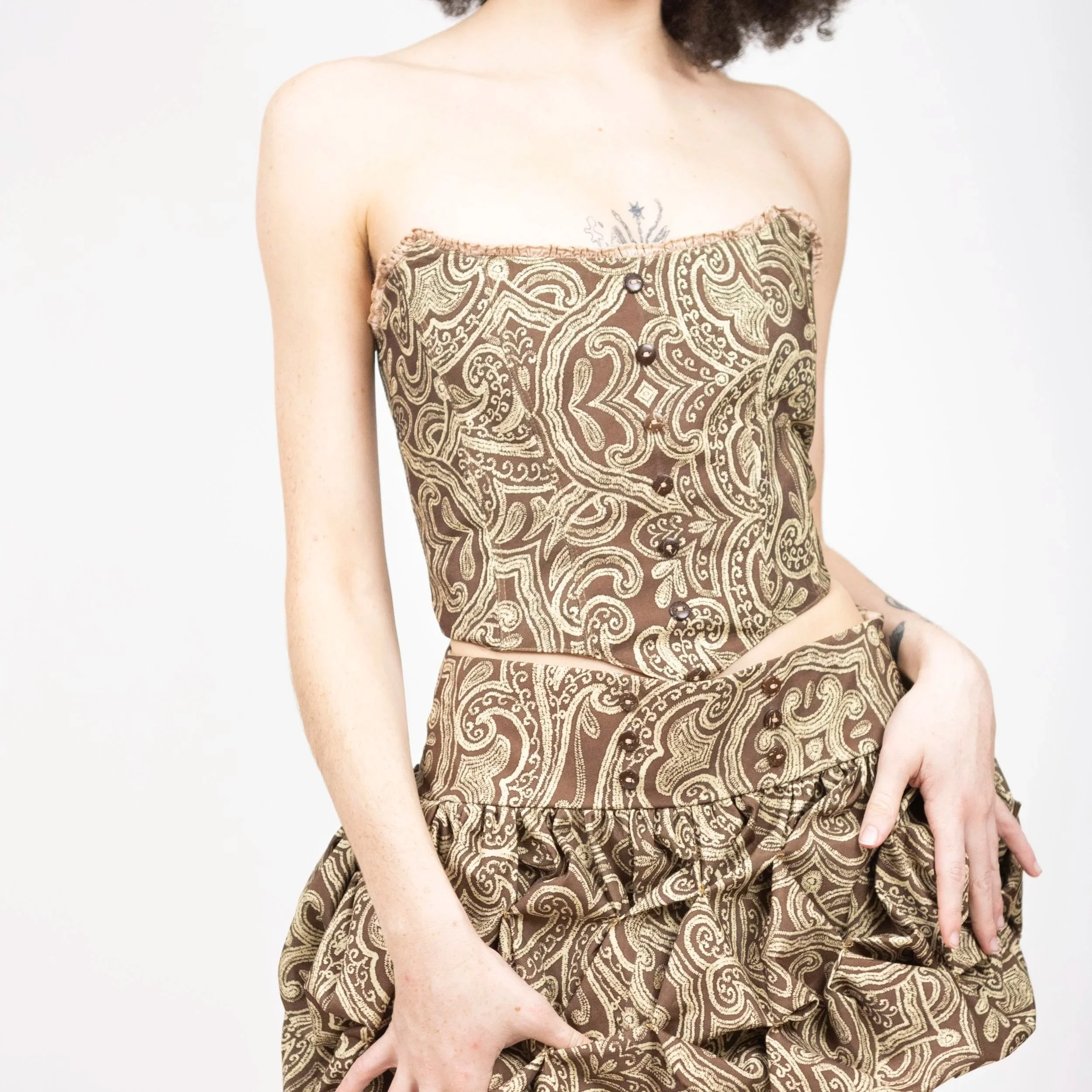1:1 Upcycled Gold Paisley Bardot Corset – M