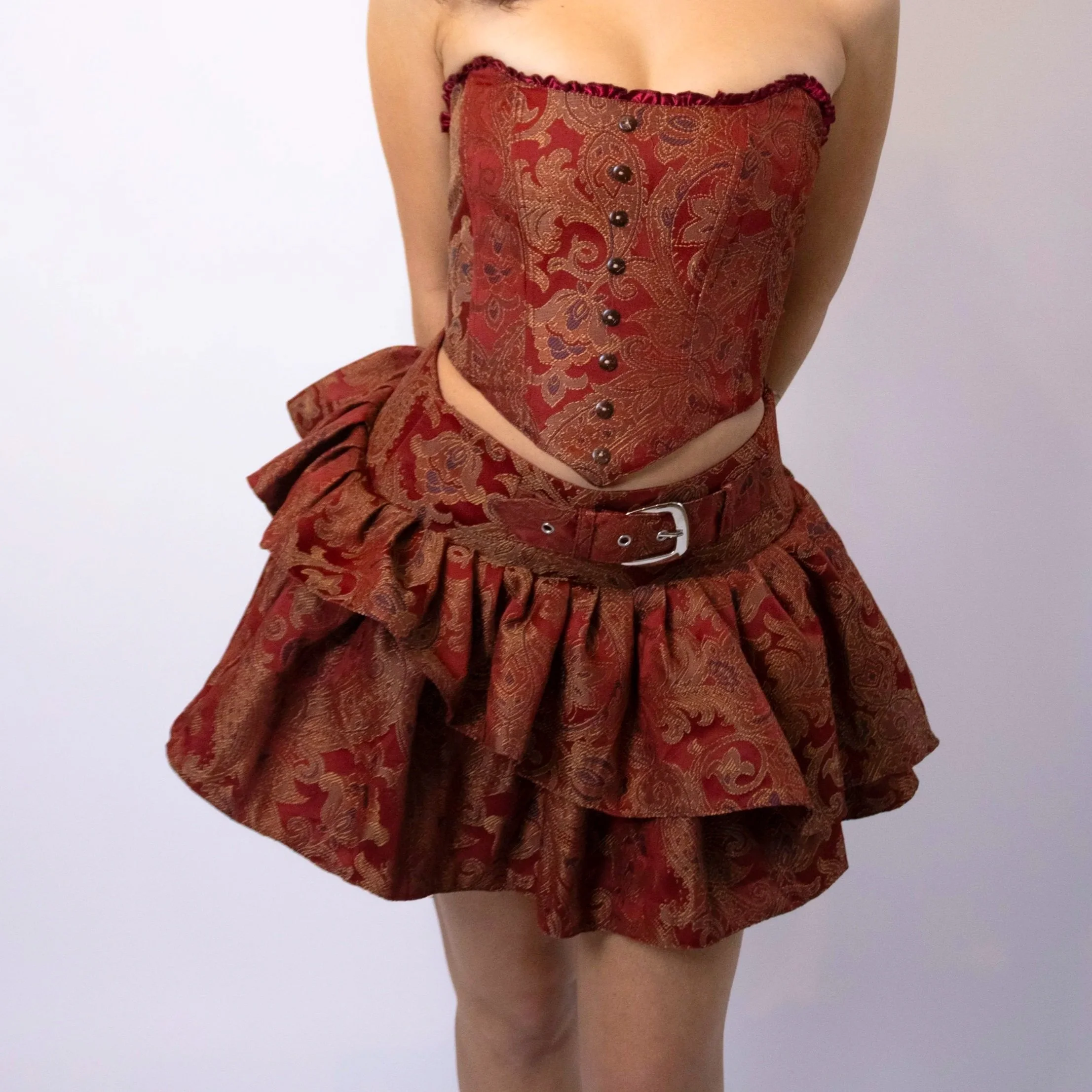 1:1 Upcycled Crimson Paisley Asymmetrical Mini Skirt – M