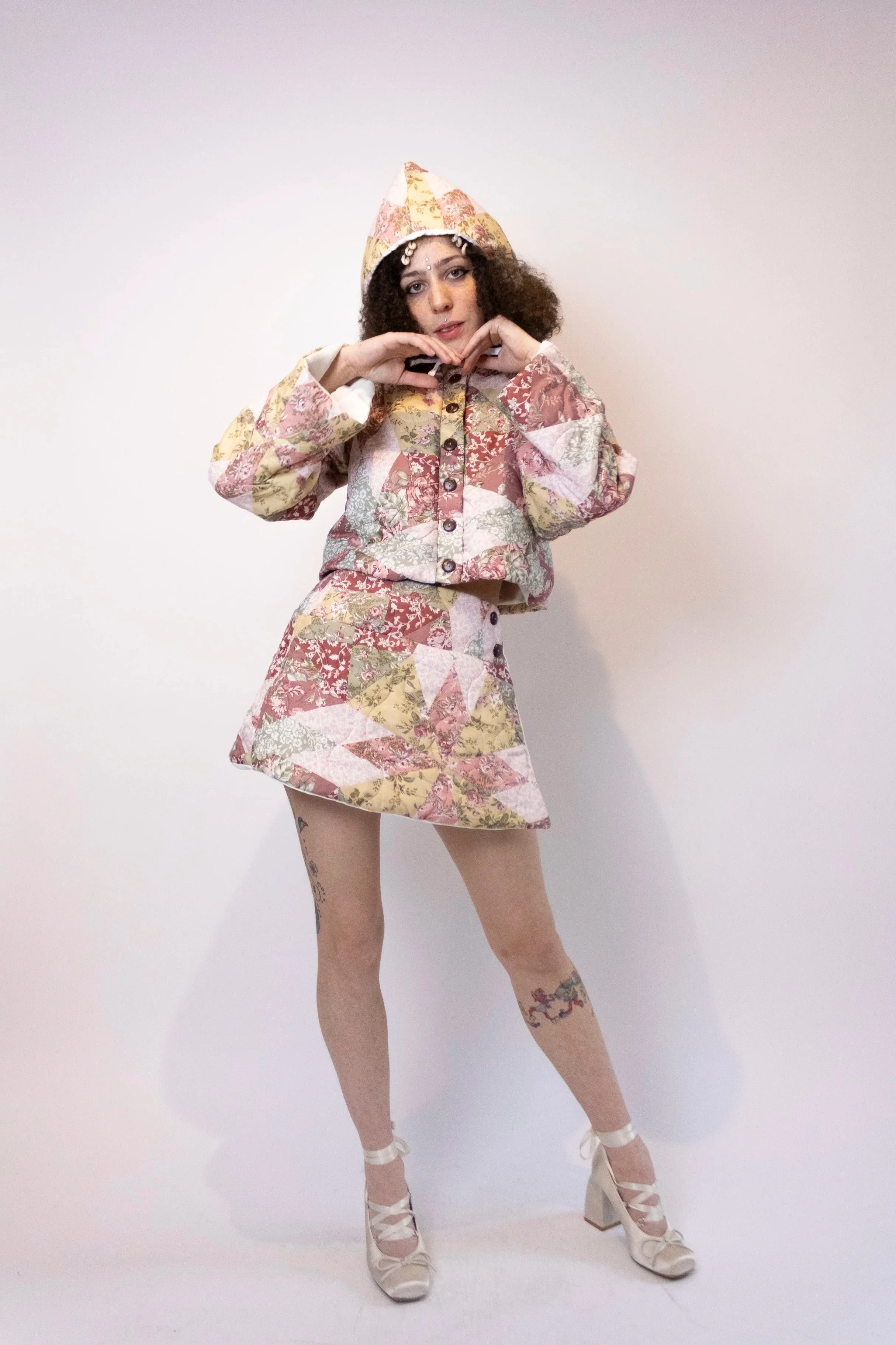 1:1 Upcycled Rose Patchwork Cozy Quilted Skirt