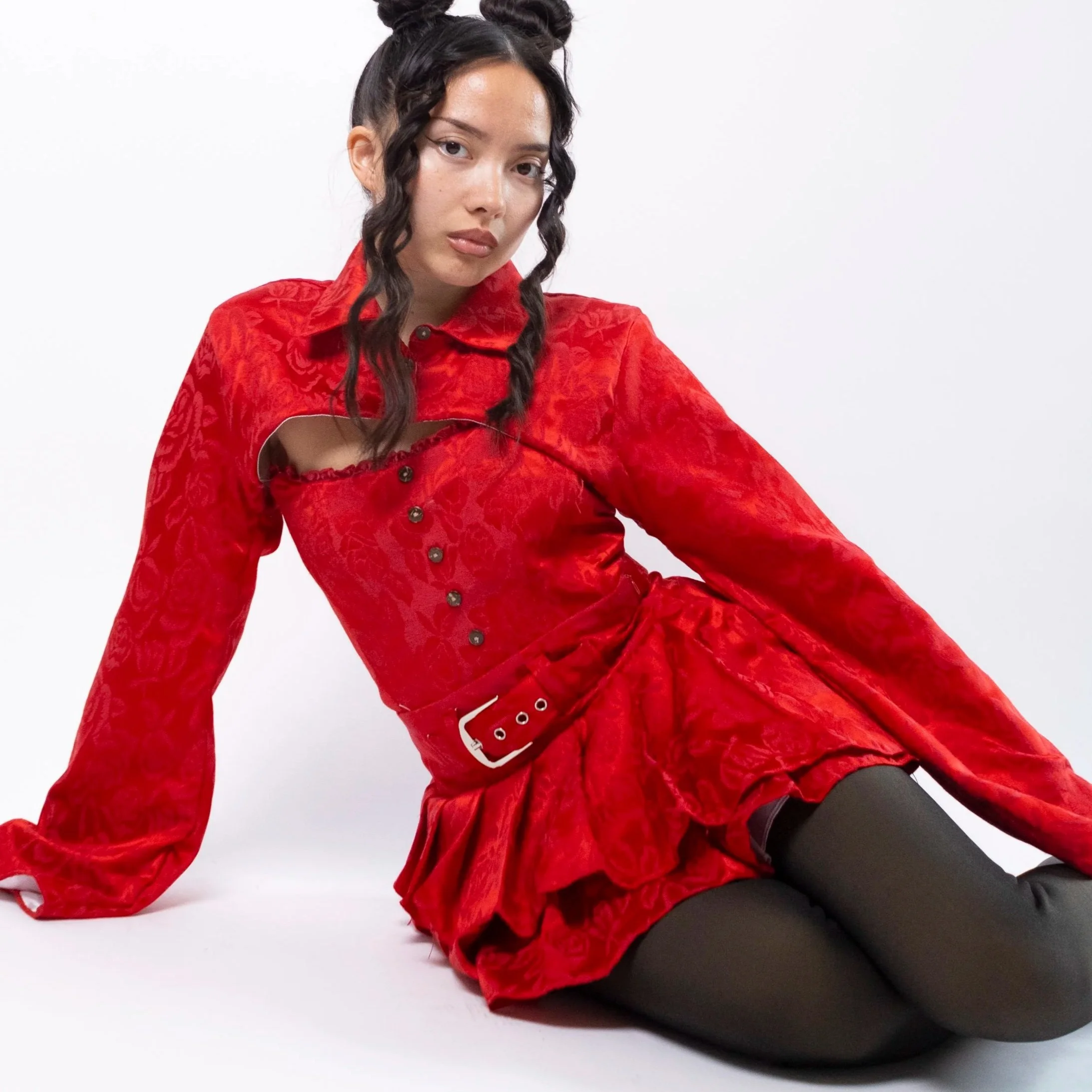 1:1 Upcycled Red Asymmetrical Pleated Mini Skirt – S