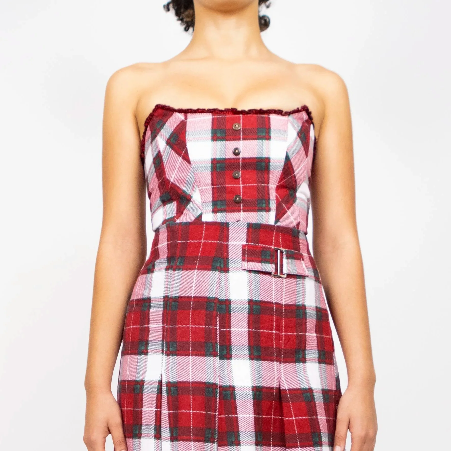 1:1 Upcycled Red Plaid Bardot Corset – M
