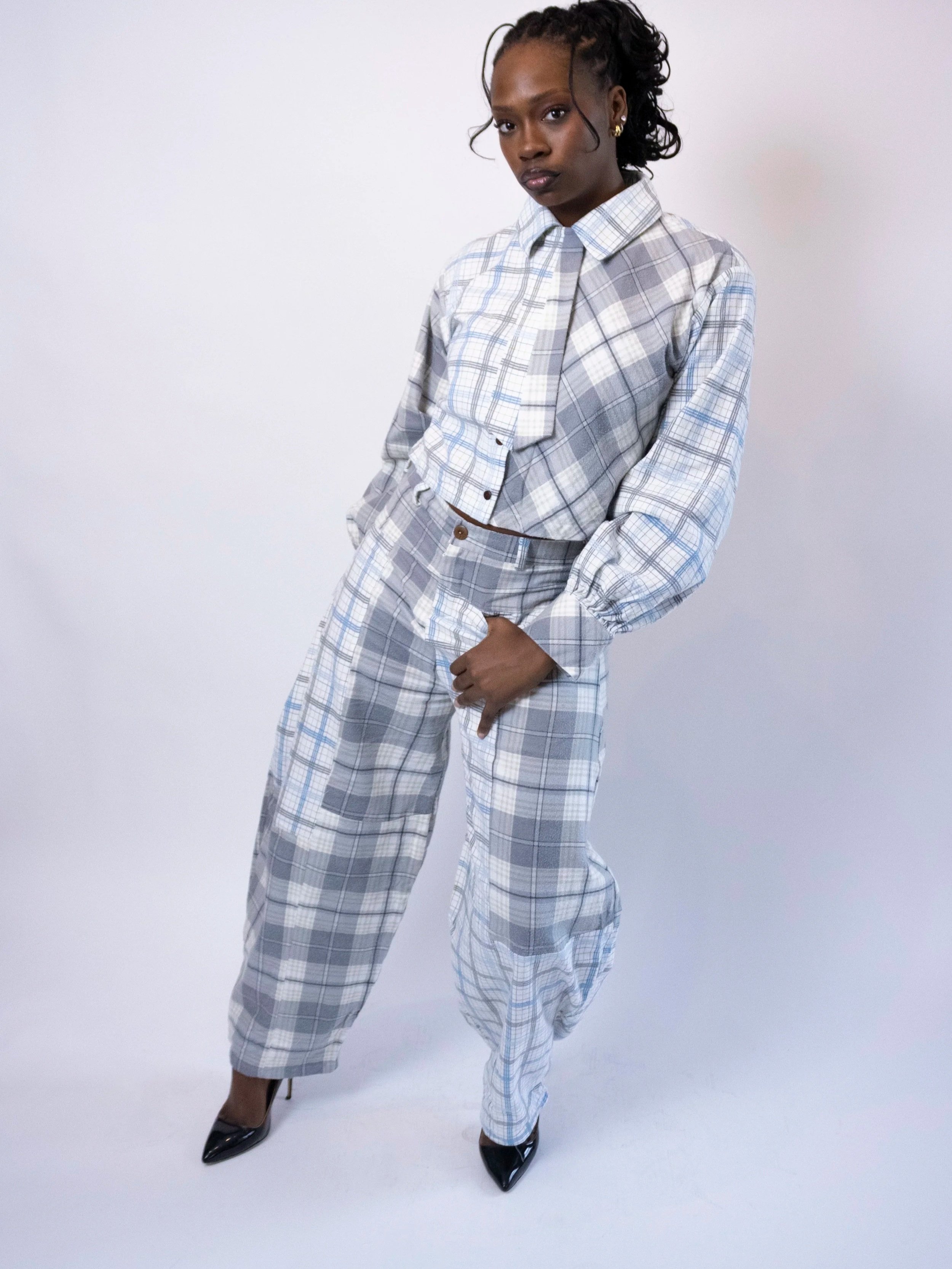 1:1 Upcycled Grey and Blue Flannel Patchwork Pants - L