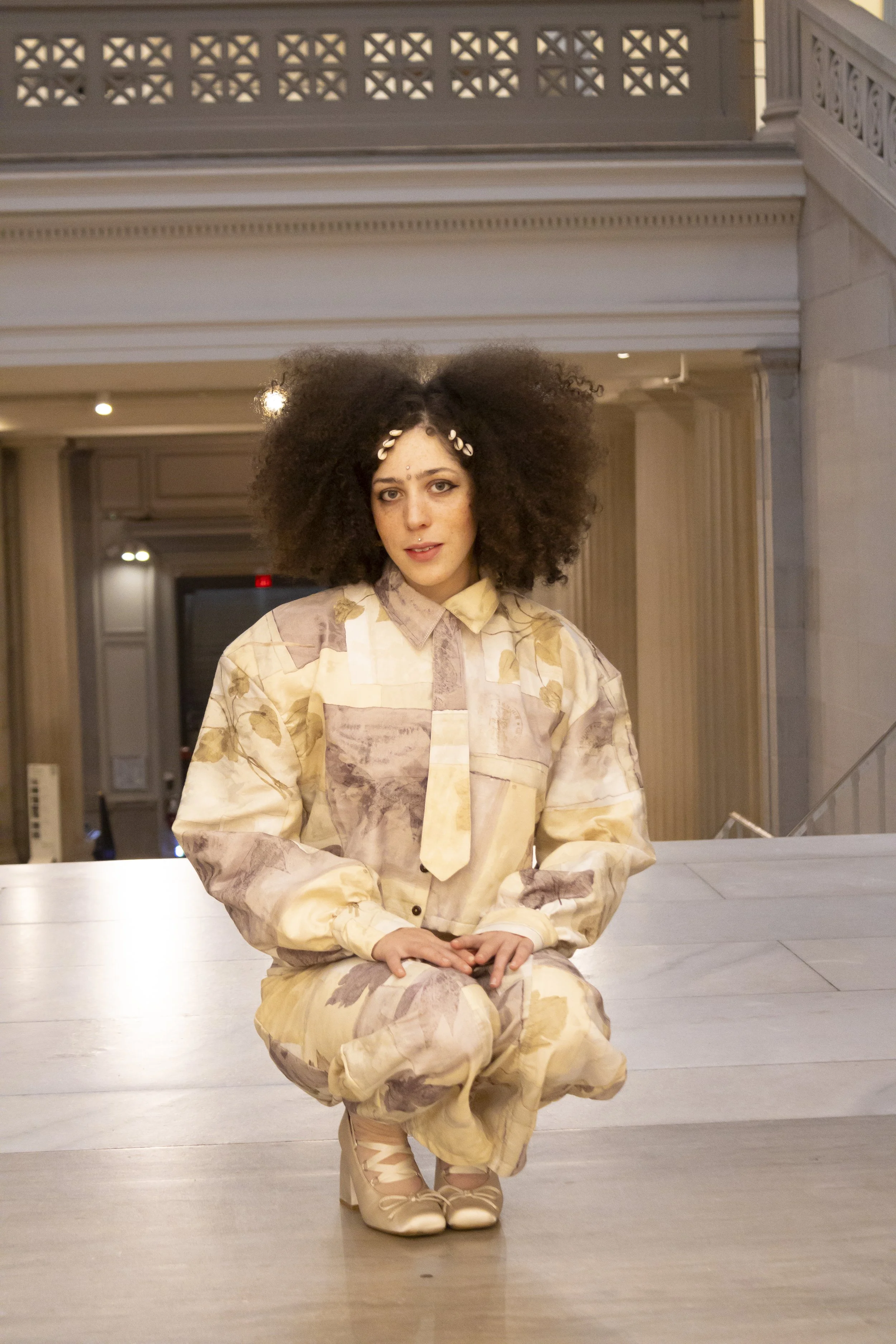 1:1 Upcycled Cream Watercolor Boxy Crop Button Up – S