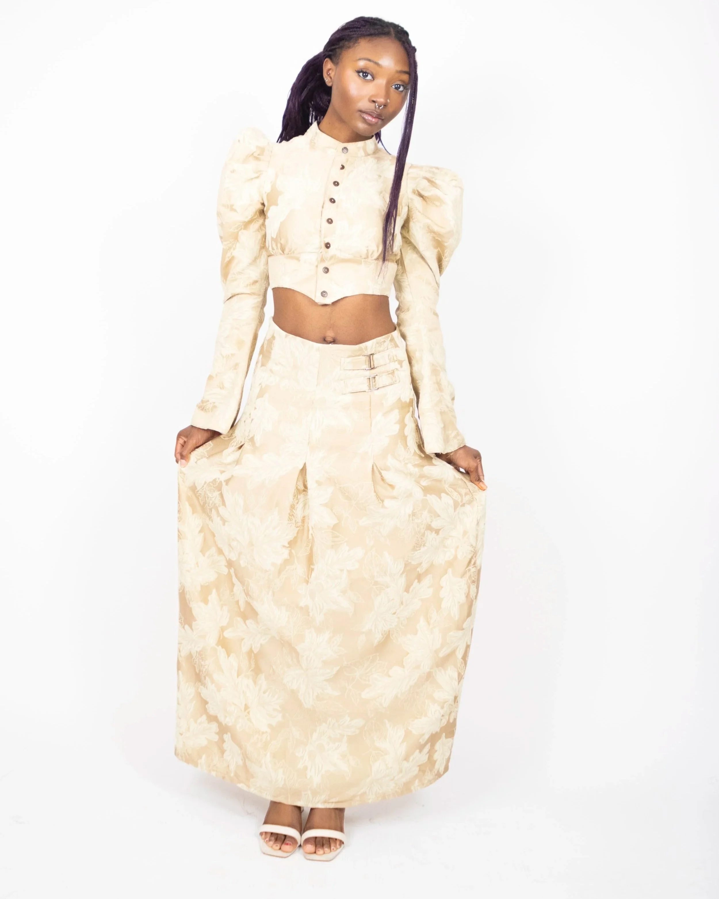 1:1 Upcycled Gold Floral Long Skirt – S