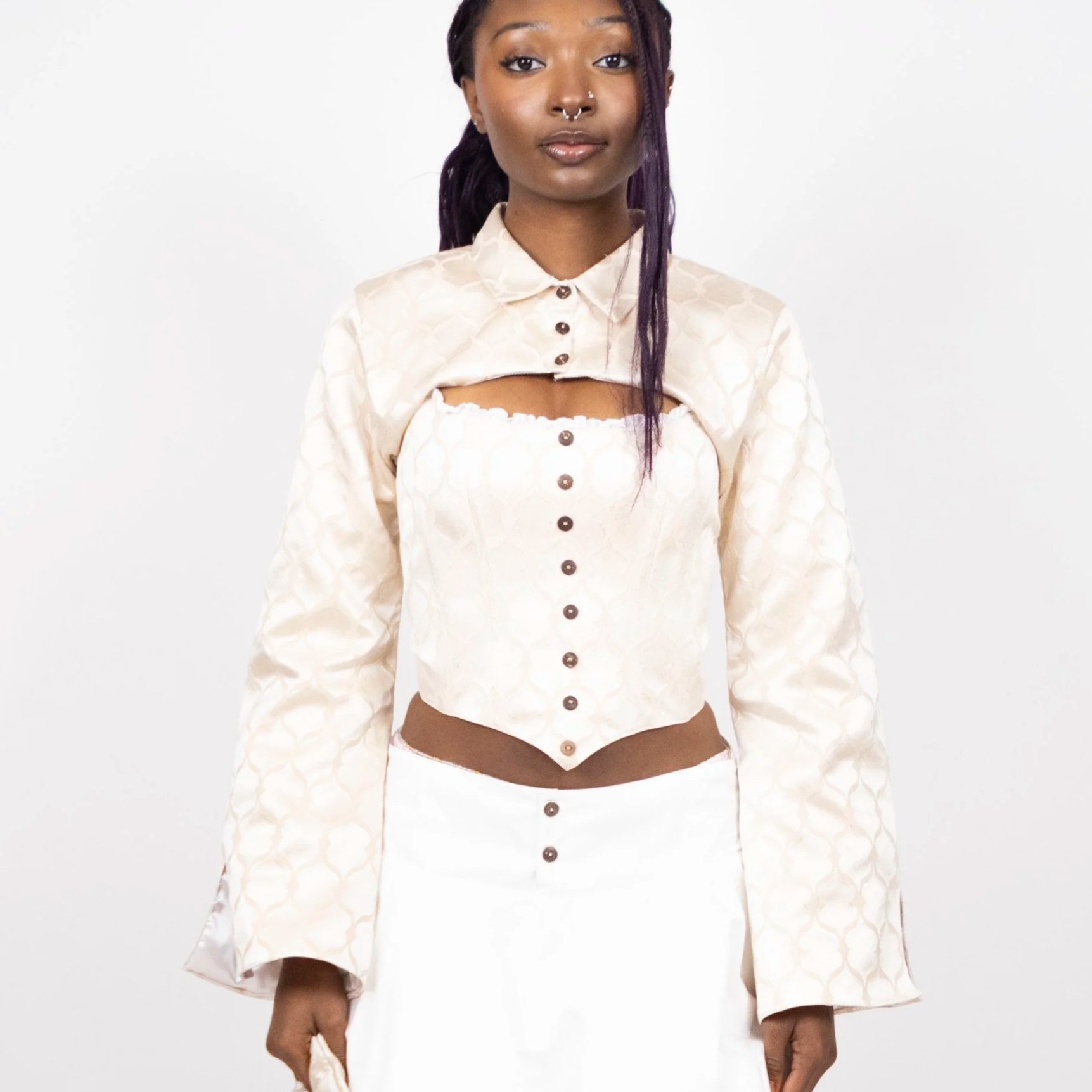 1:1 Upcycled Champagne Diamond Bolero Flare Sleeve Jacket – S