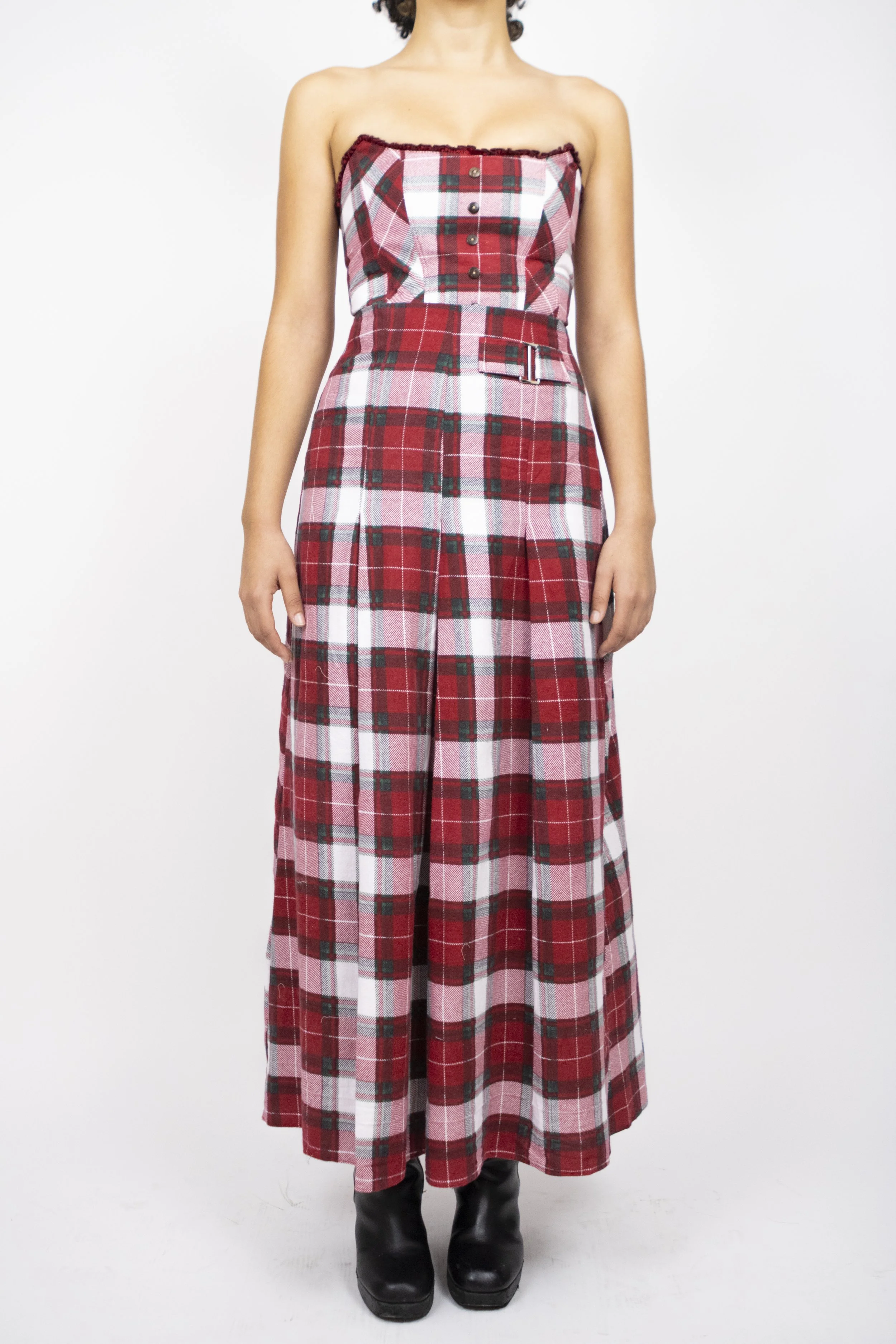 1:1 Upcycled Red Plaid Long Skirt – M