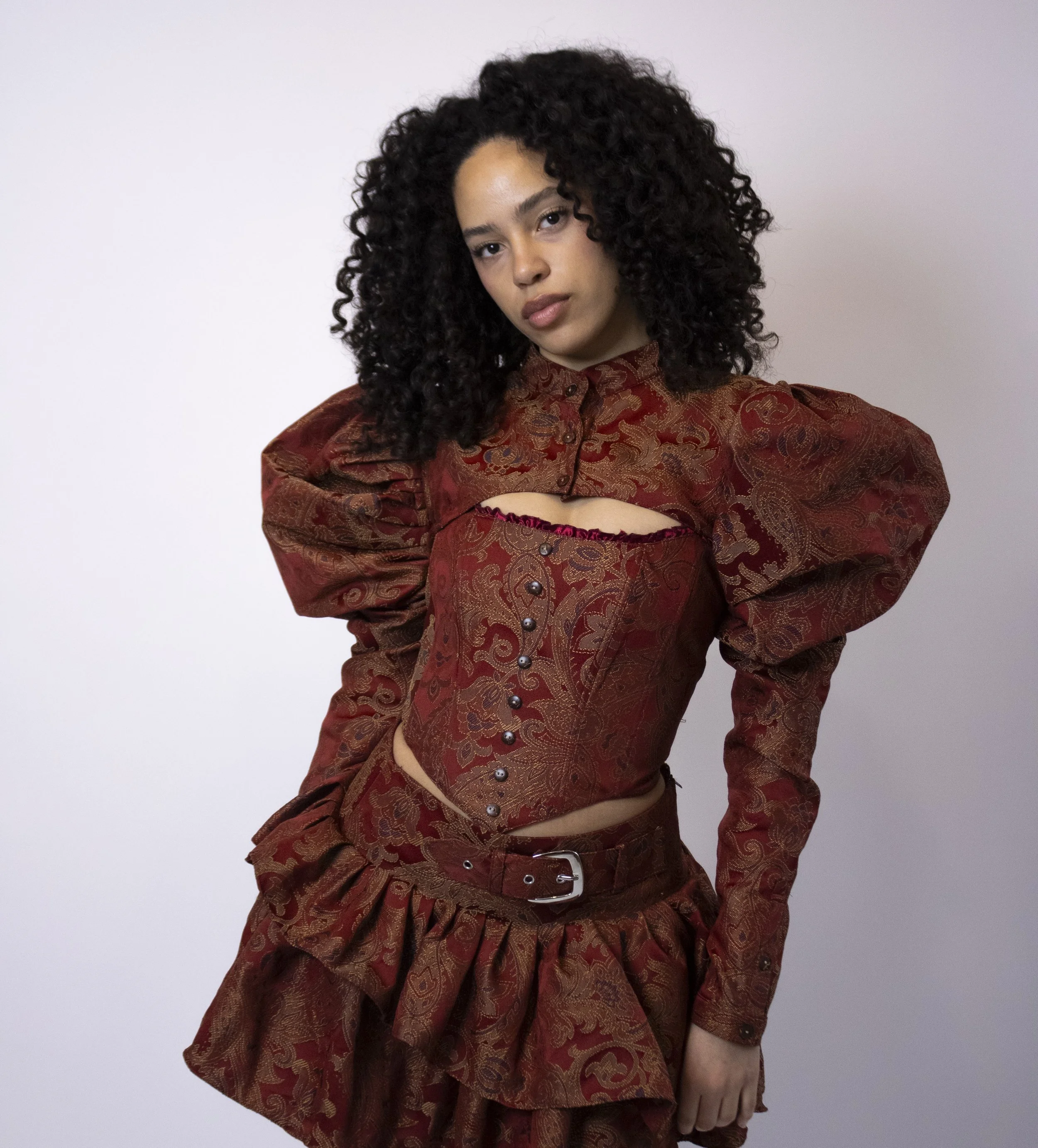 1:1 Upcycled Crimson Paisley Bolero Puff Sleeve Jacket – M