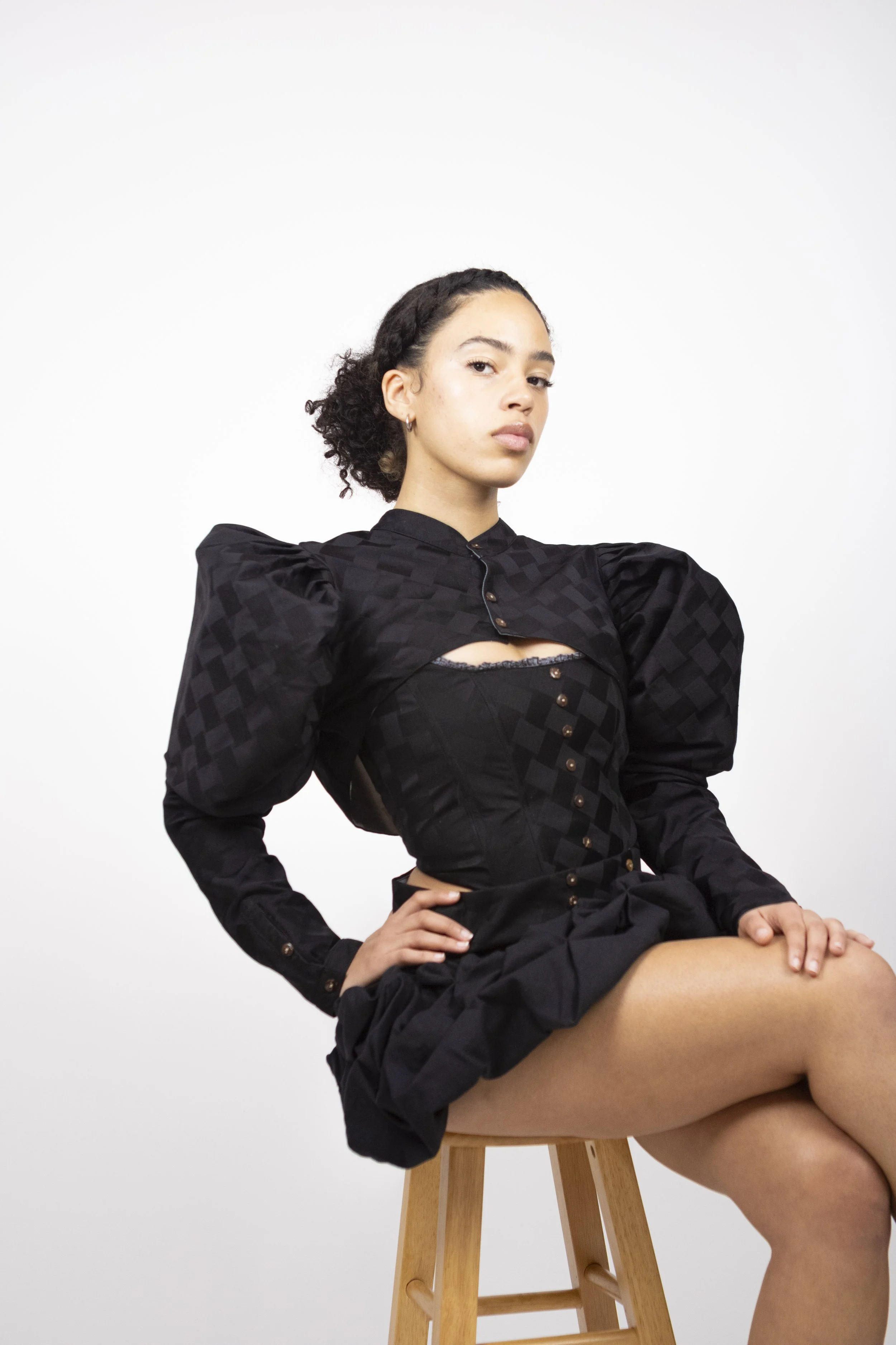 1:1 Upcycled Black Checkered Bolero Puff Sleeve Jacket – M