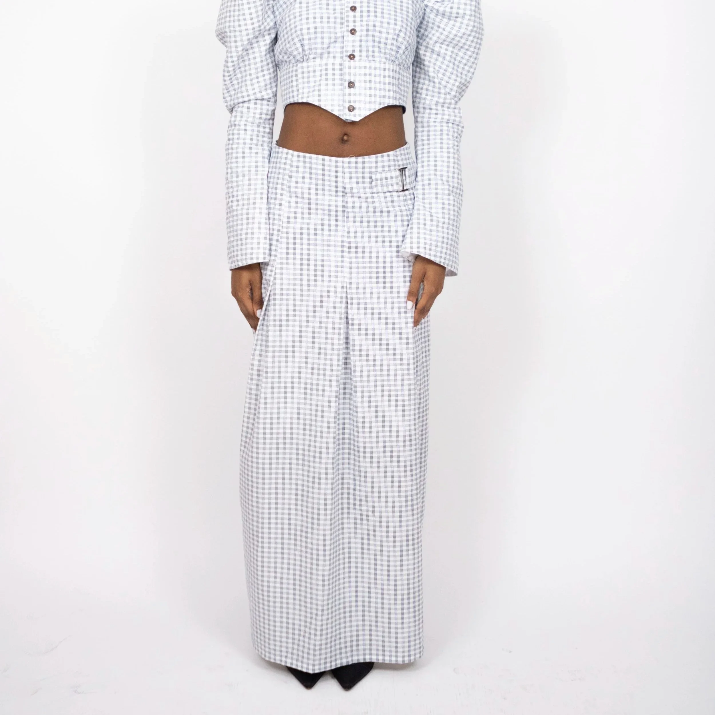 1:1 Upcycled Light Blue Gingham Long Skirt – M