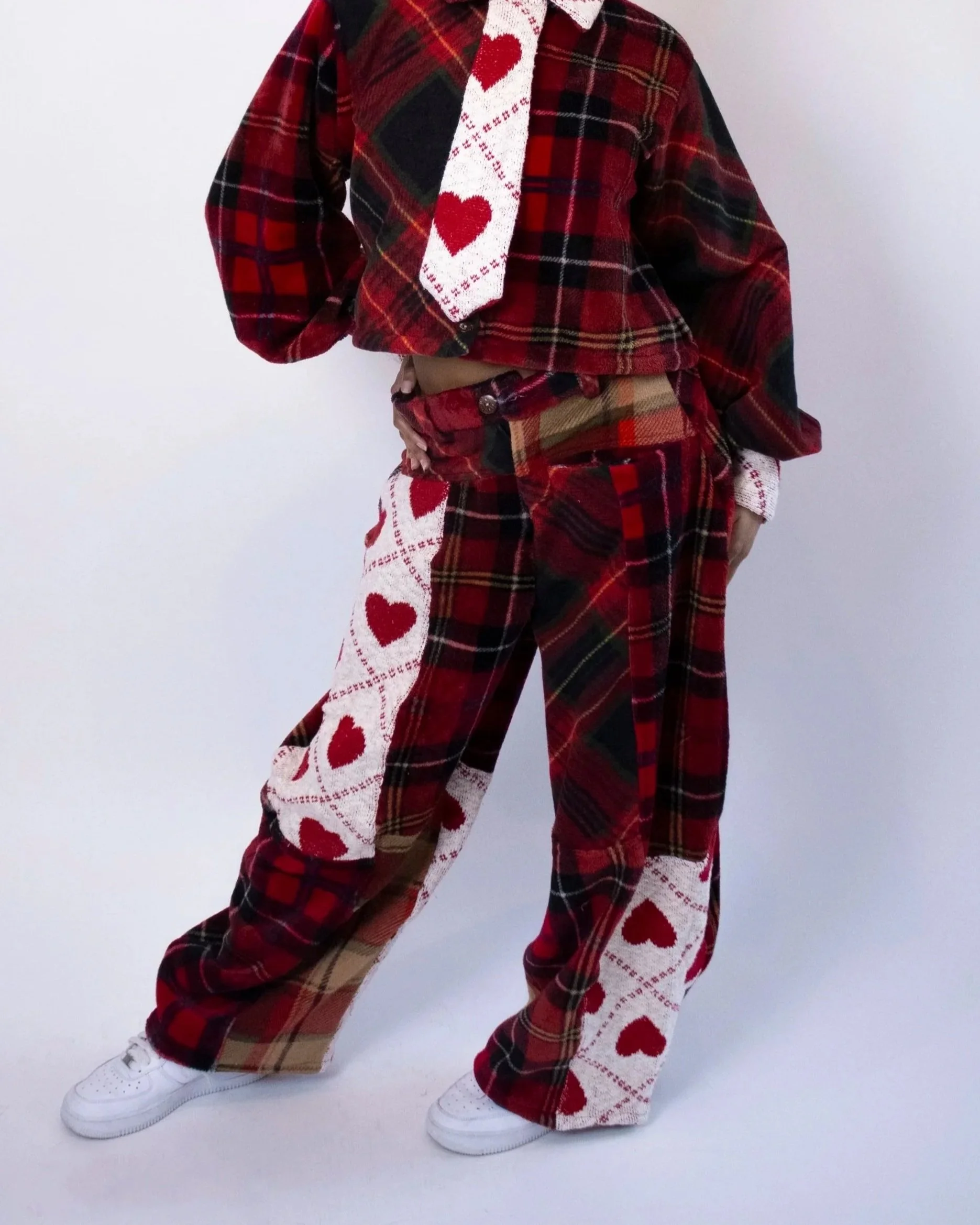 1:1 Upcycled Red Flannel with Hearts Patchwork Balloon Pants - S