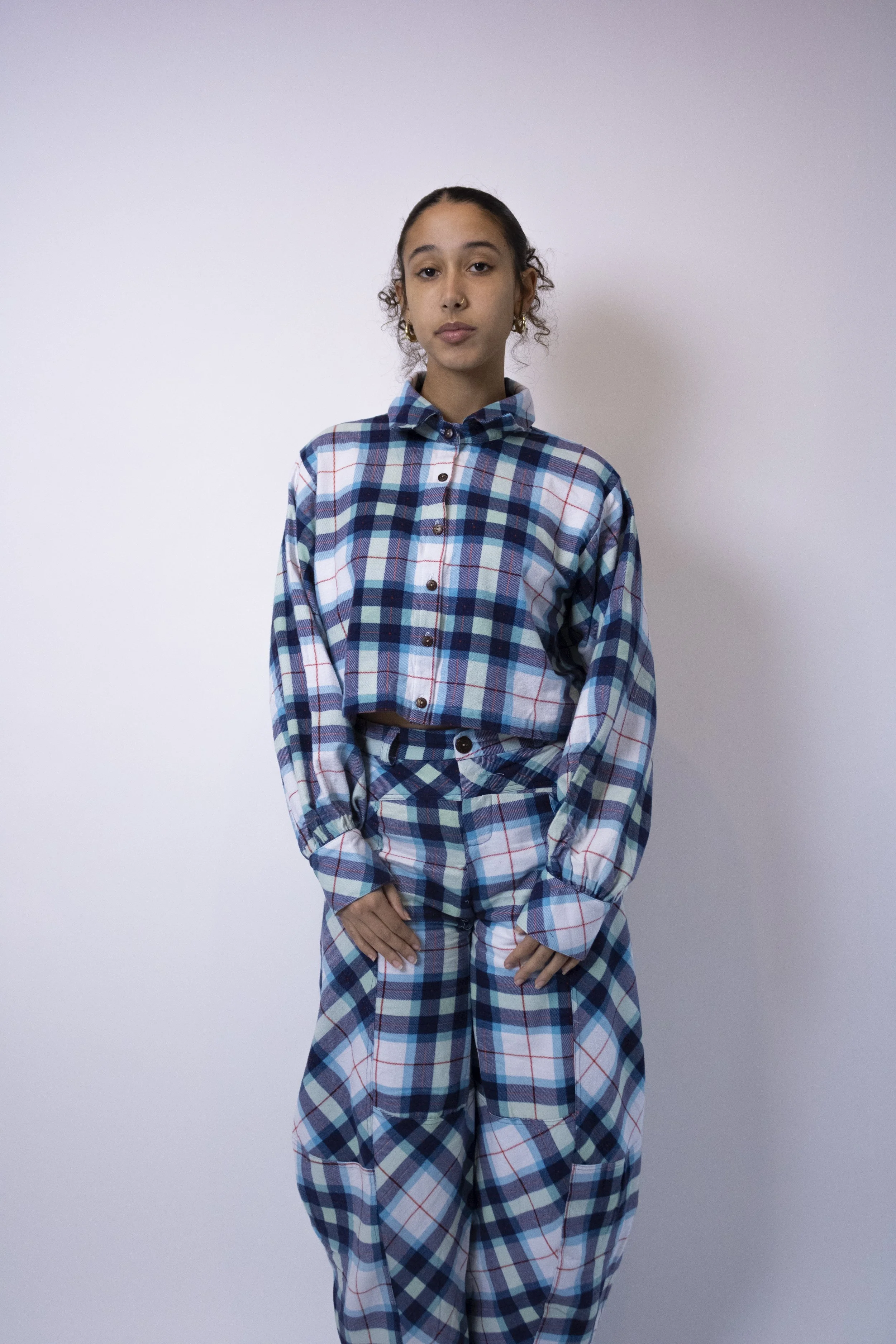 1:1 Upcycled Navy Plaid Boxy Crop Button Up – L