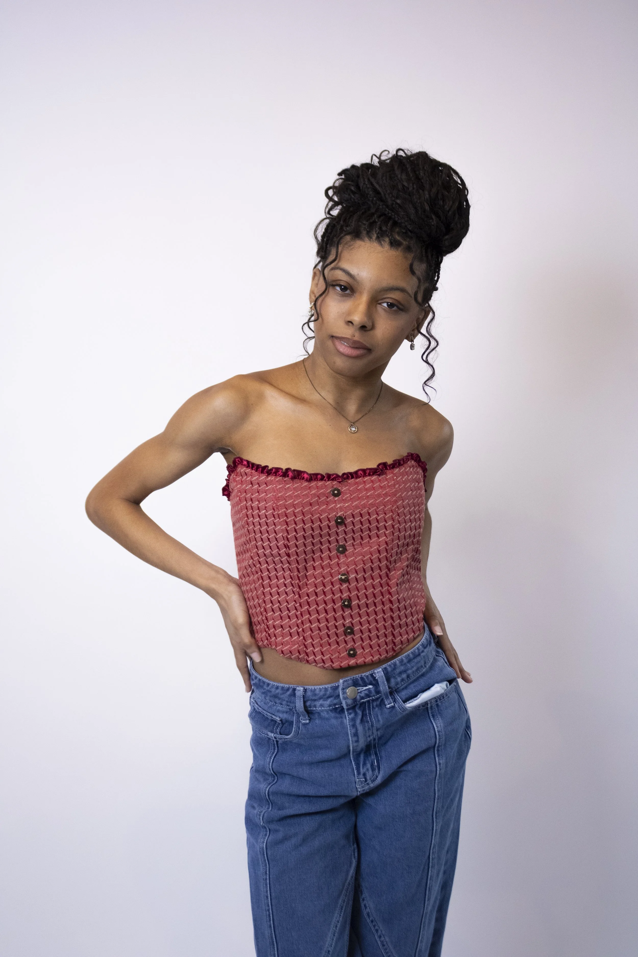 1:1 Upcycled Rose Red Textured Bardot Corset – S