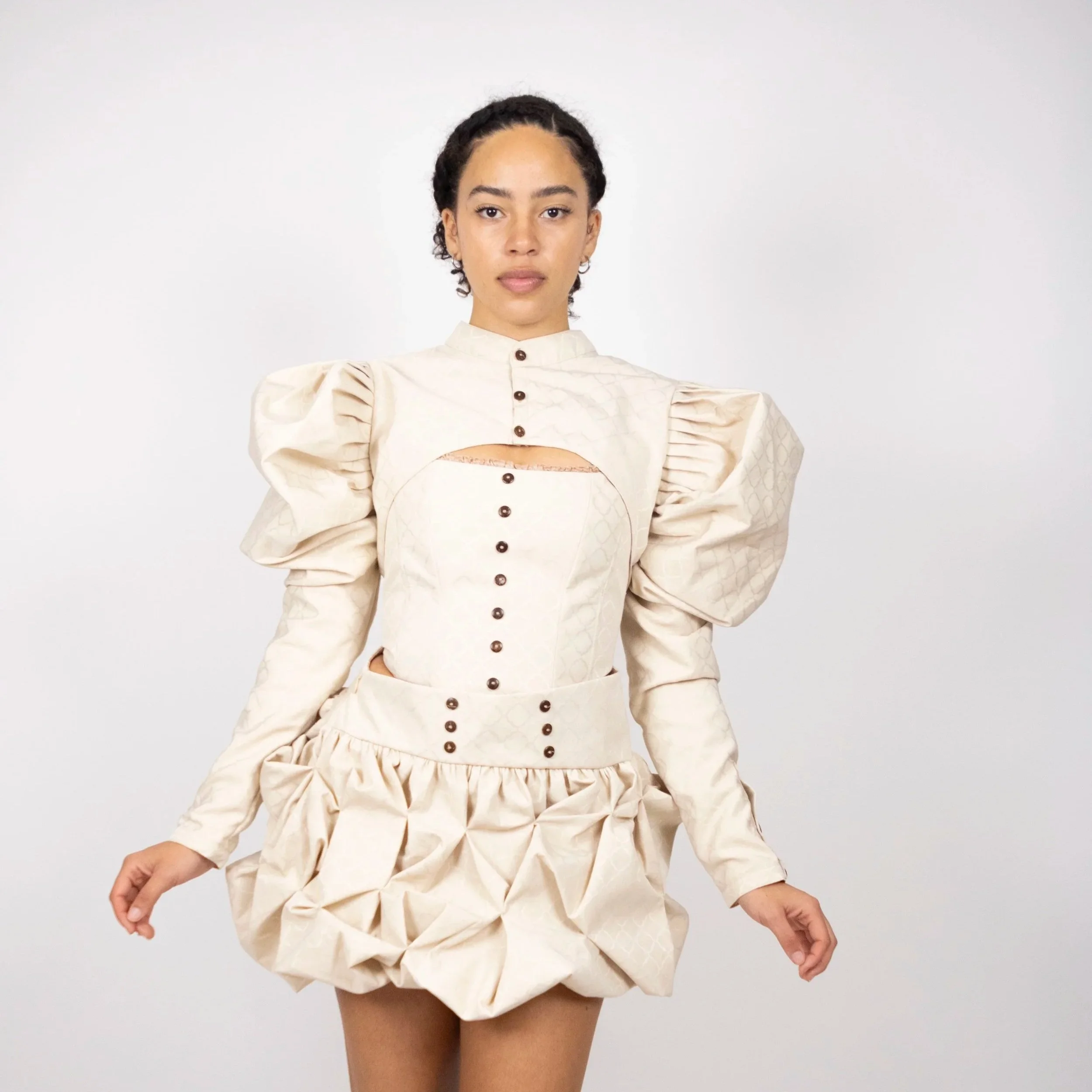 1:1 Upcycled Cream Mini Diamond Bolero Puff Sleeve Jacket – M