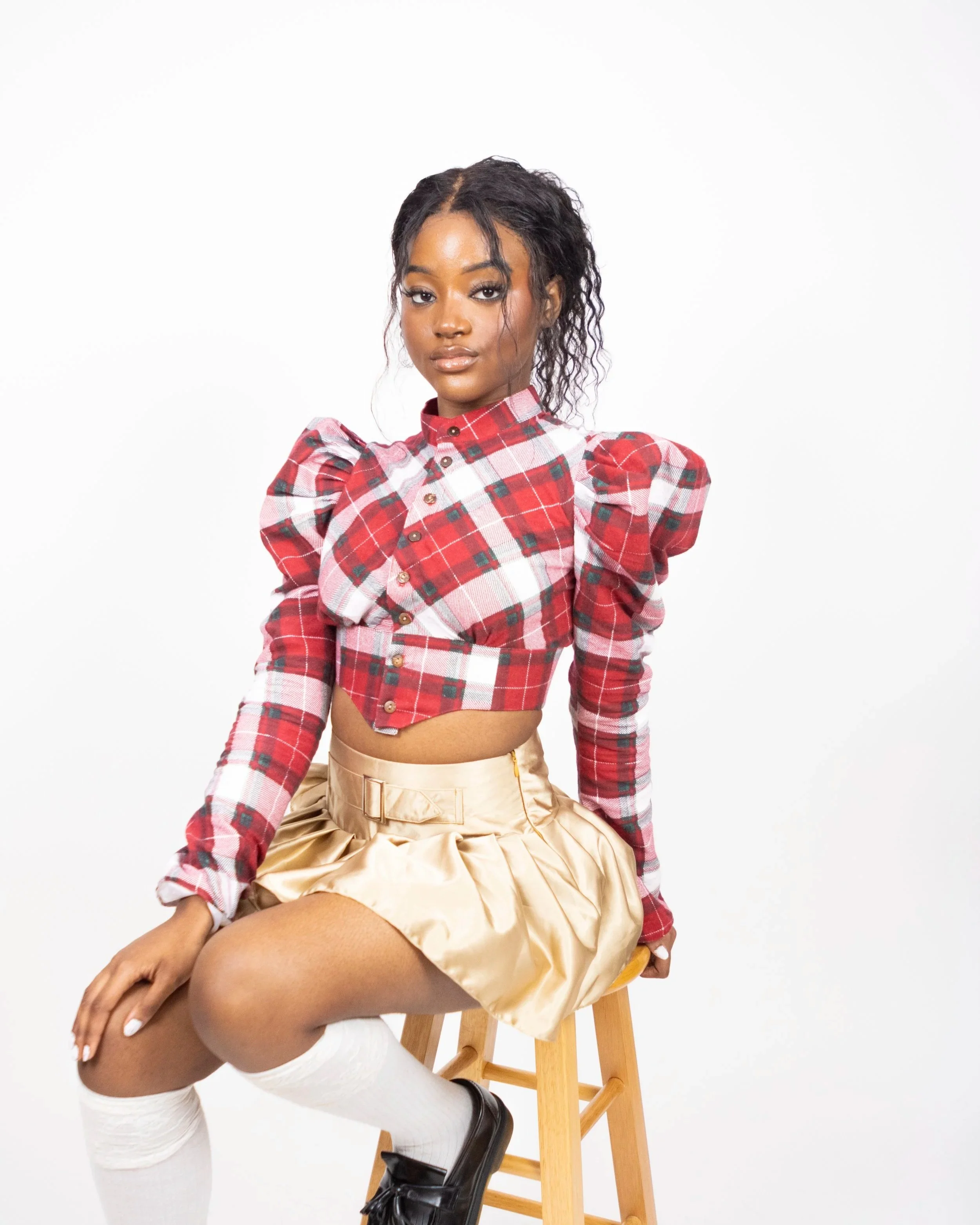 1:1 Upcycled Red Plaid Puff Sleeve Top – S
