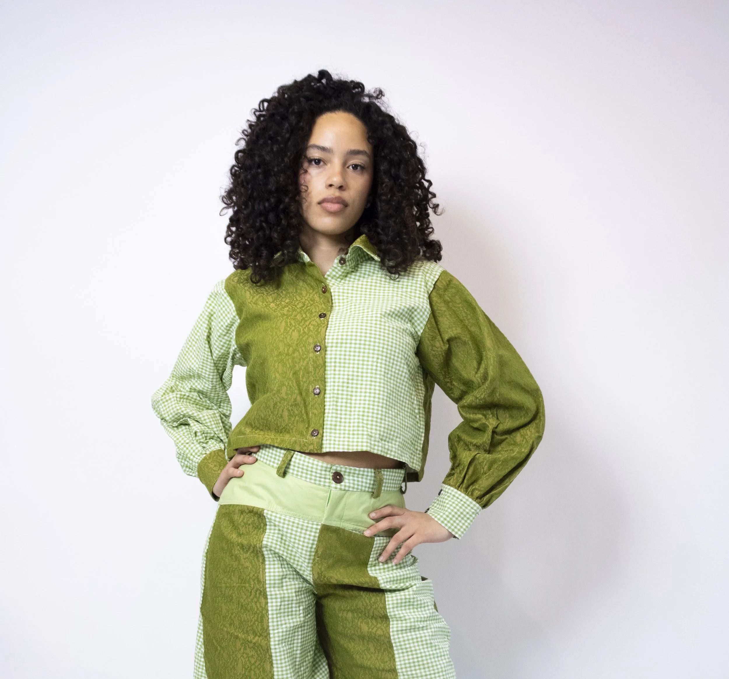 1:1 Upcycled Green Gingham Patchwork Boxy Crop Button Up – M