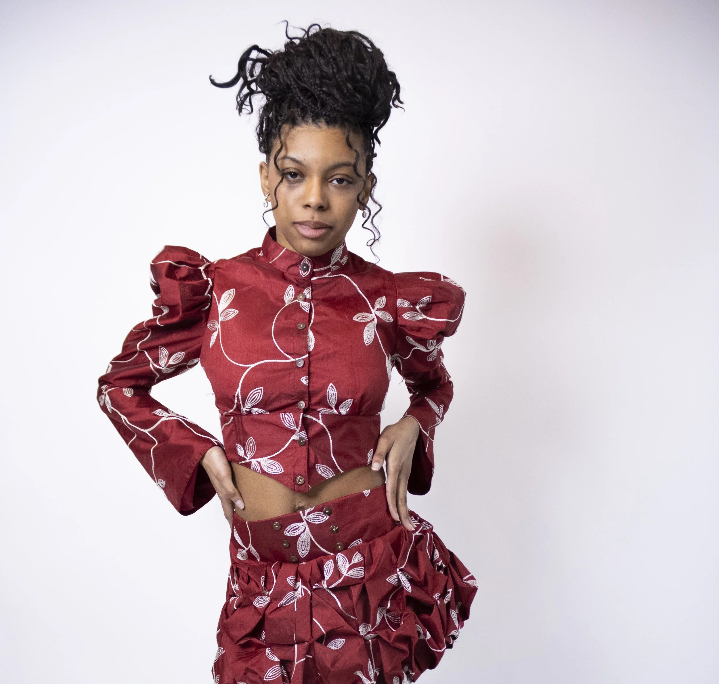 1:1 Upcycled Crimson Vine Puff Sleeve Top