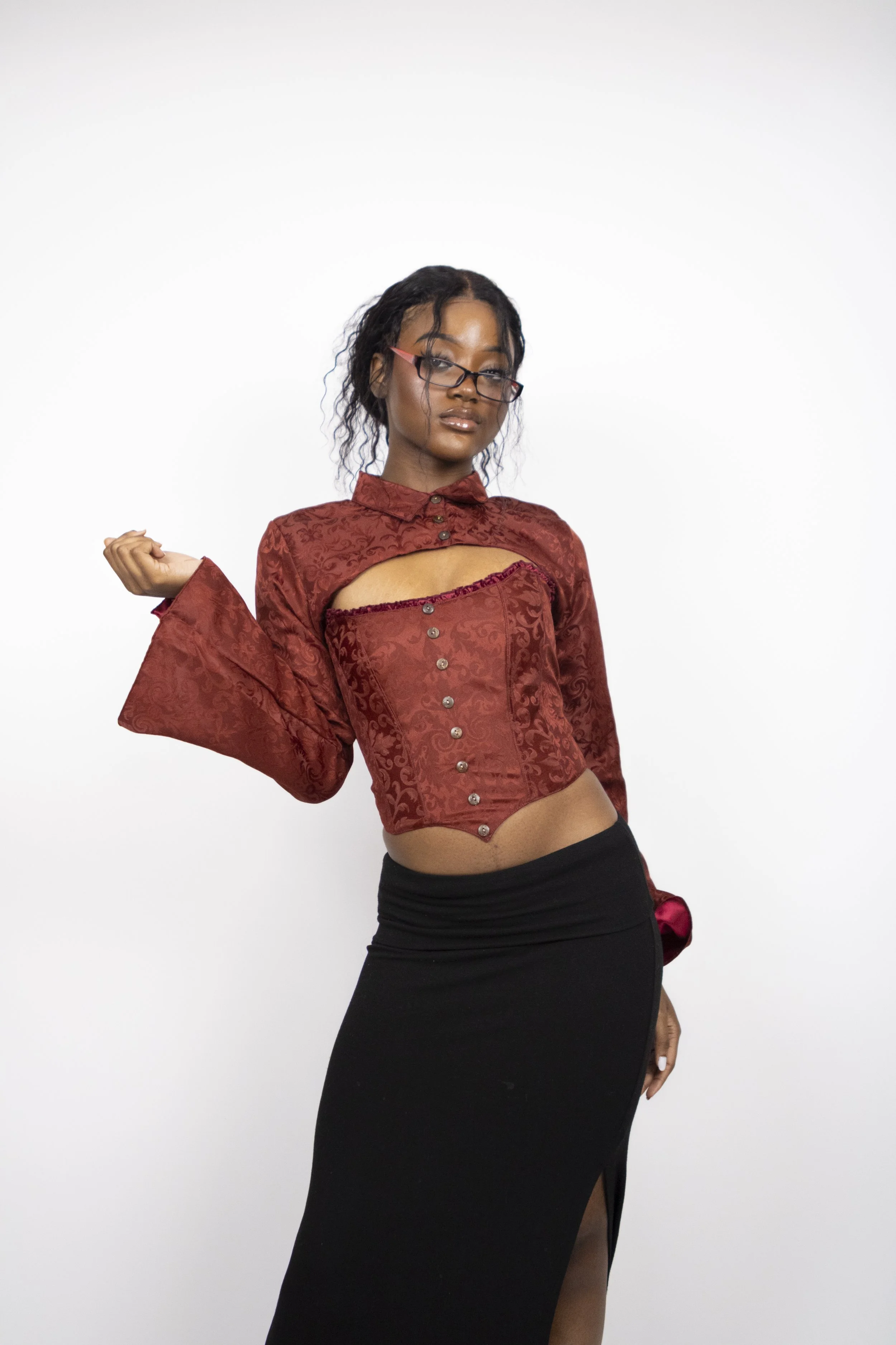 1:1 Upcycled Rust Red Bardot Corset – S