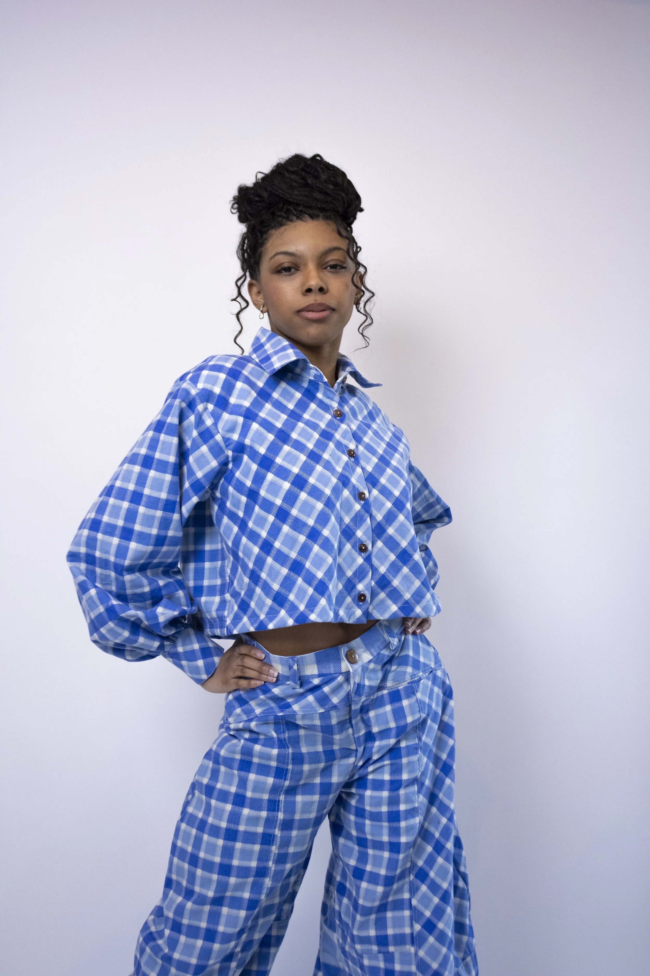 1:1 Upcycled Blue Check Boxy Crop Button Up – S