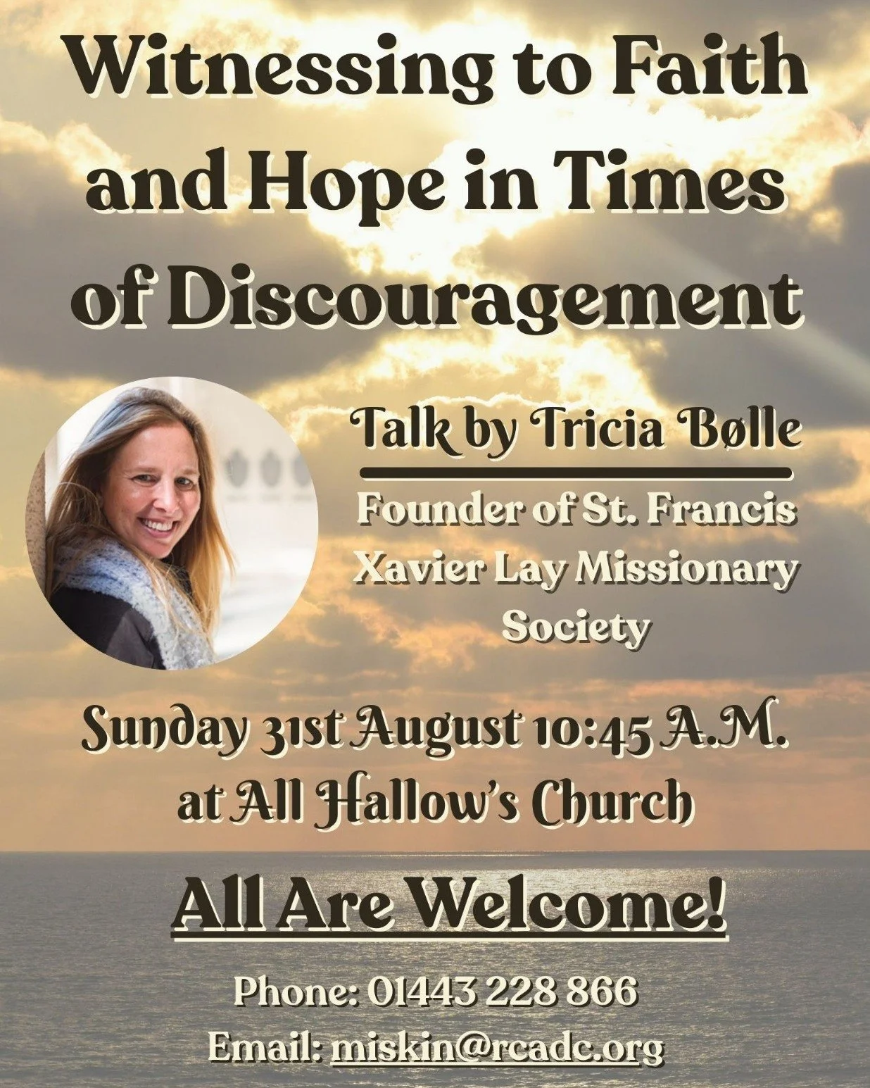 Tricia Bølle speaking engagements in South Wales!
--Sunday 31st August, "Witnessing to Faith & Hope in Times of Discouragement" talk at All Hallows' Church, 10:45am.
--Tuesday 2nd September "Developing Young Adult Ministr