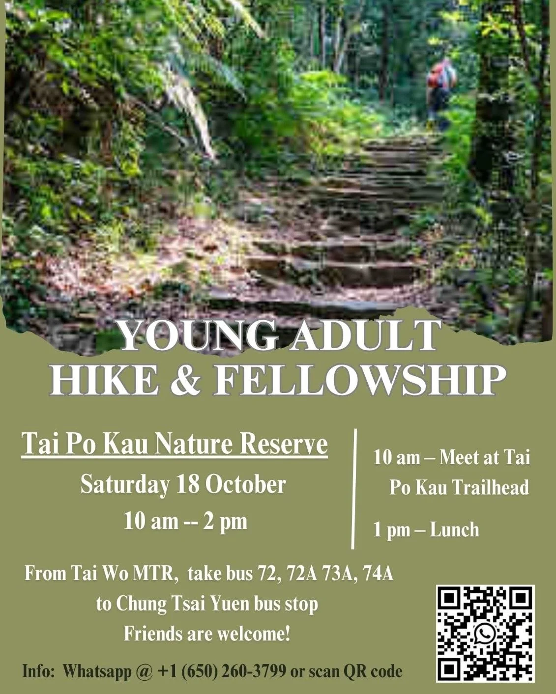 Tai Po Kau Nature Reserve Hike & Lunch Fellowship!
Saturday 18 October, 10am - 2pm
Join us this Saturday for a peaceful morning of hiking, prayer, and community as we explore the scenic Tai Po Kau Nature Reserve! πΏπ
It a fully shaded trail al