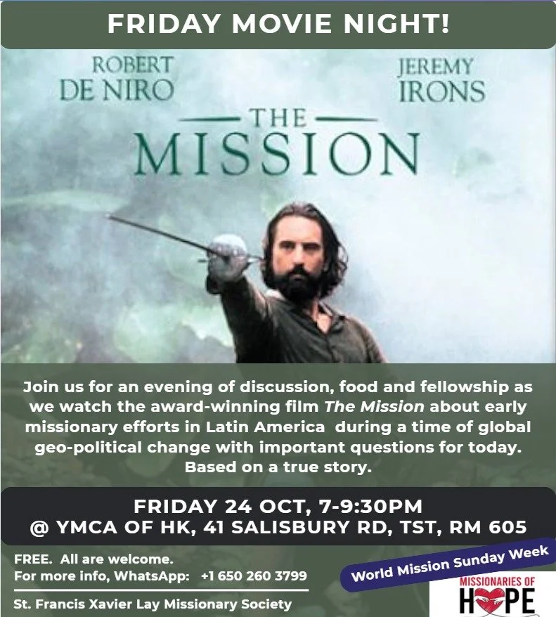 Faith Movie Night: The Mission
Fri 24 Oct, 7pm-9:30pm
@ YMCA Salisbury TST, Rm 605, 6/F
Join us for an evening of discussion, food, and fellowship as we watch the award-winning film The Mission about early missionary efforts in Latin America with i