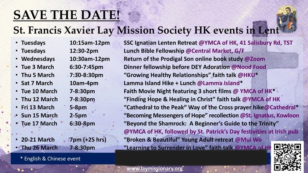 Upcoming events this month to grow in faith and fellowship!  Friends welcome! 😃✝️🙏🏻

#laymissionary #springmission #missionevents #hongkong #youngadultcatholics #catholicretreat #catholicmovienight #faithandfellowship