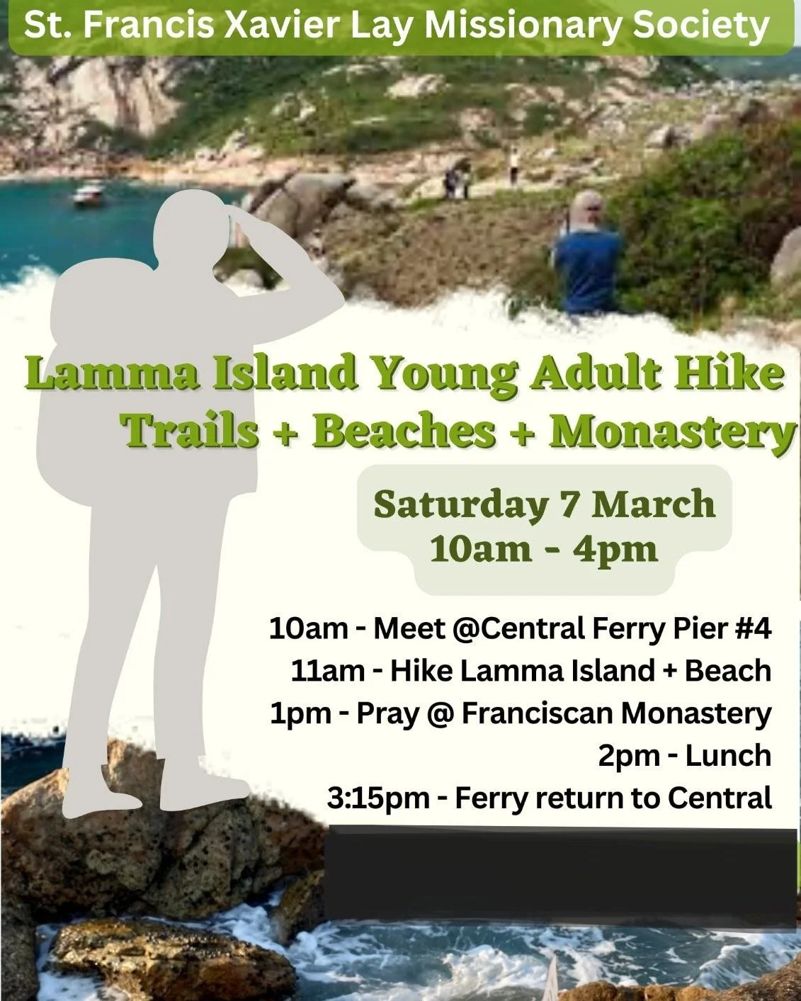 Lamma Island Hike &amp; Lunch Fellowship!
Saturday 7 March, 10am - 4pm

Join us this Saturday for a relaxed day of hiking, prayer, and fellowship as we explore the Lamma Island! 🌿🏞️ 
Along the way we will chill at a beach, check out a WWII cave, an