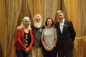 Bruce Pascoe photographed with (L-R) Professor Marcia Langton, Doctor Kate Howell and Professor John Fazakerley at the FVAS 2018 Research Week. - Source