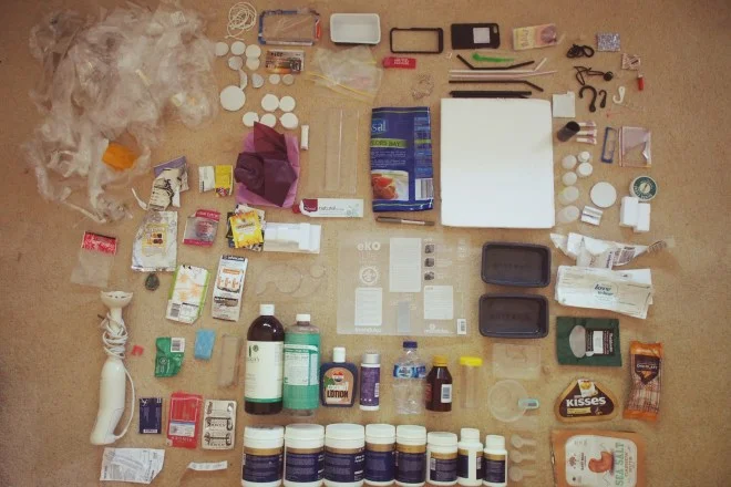 An Entire year of collected Plastic on my floor – ariel shot (via the couch)