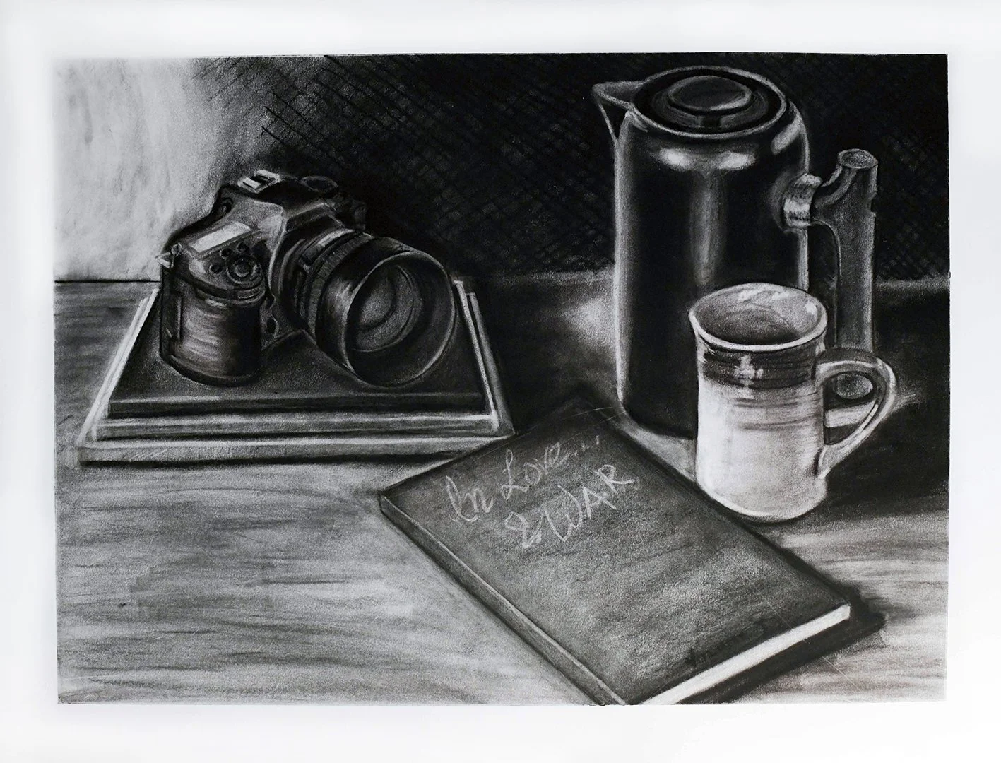   Three Things I Love,  2021  Charcoal on paper  20” H x 26” W 