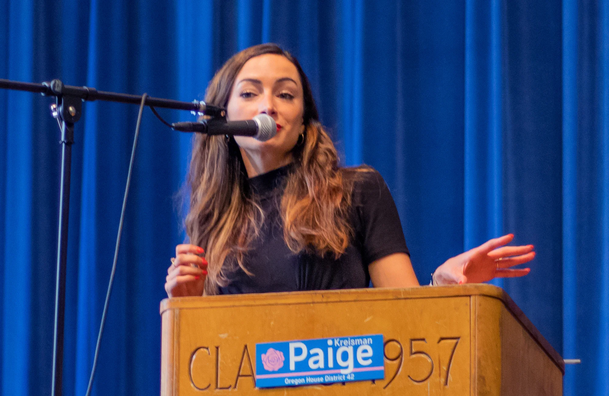 Olivia Katbi Smith, Co-Chair of the Portland Democratic Socialists of America, speaks in support of Paige Kreisman at Paige’s campaign kick off rally. (June 23rd 2019) - Hosford Middle School.