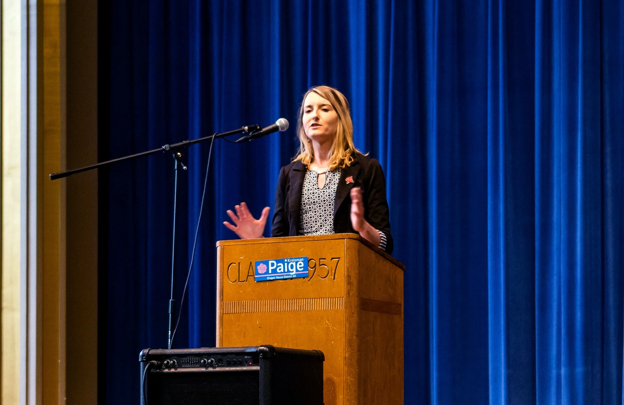 Paige Kreisman speaking at our campaign kick off rally (June 23rd 2019) - Hosford Middle School.