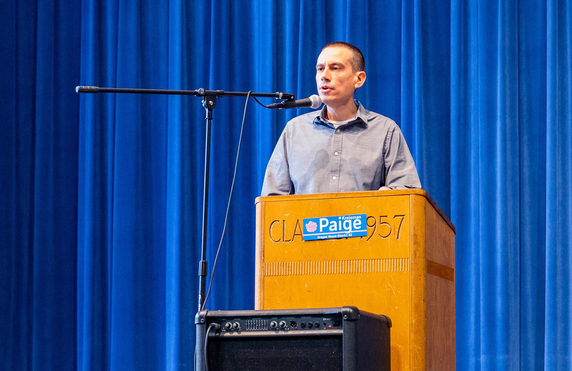 Valdez Bravo, former Vice Chair of the Democratic Party of Oregon, speaking in support of Paige at our campaign kick off rally. (23 June 2019) - Hosford Middle School.