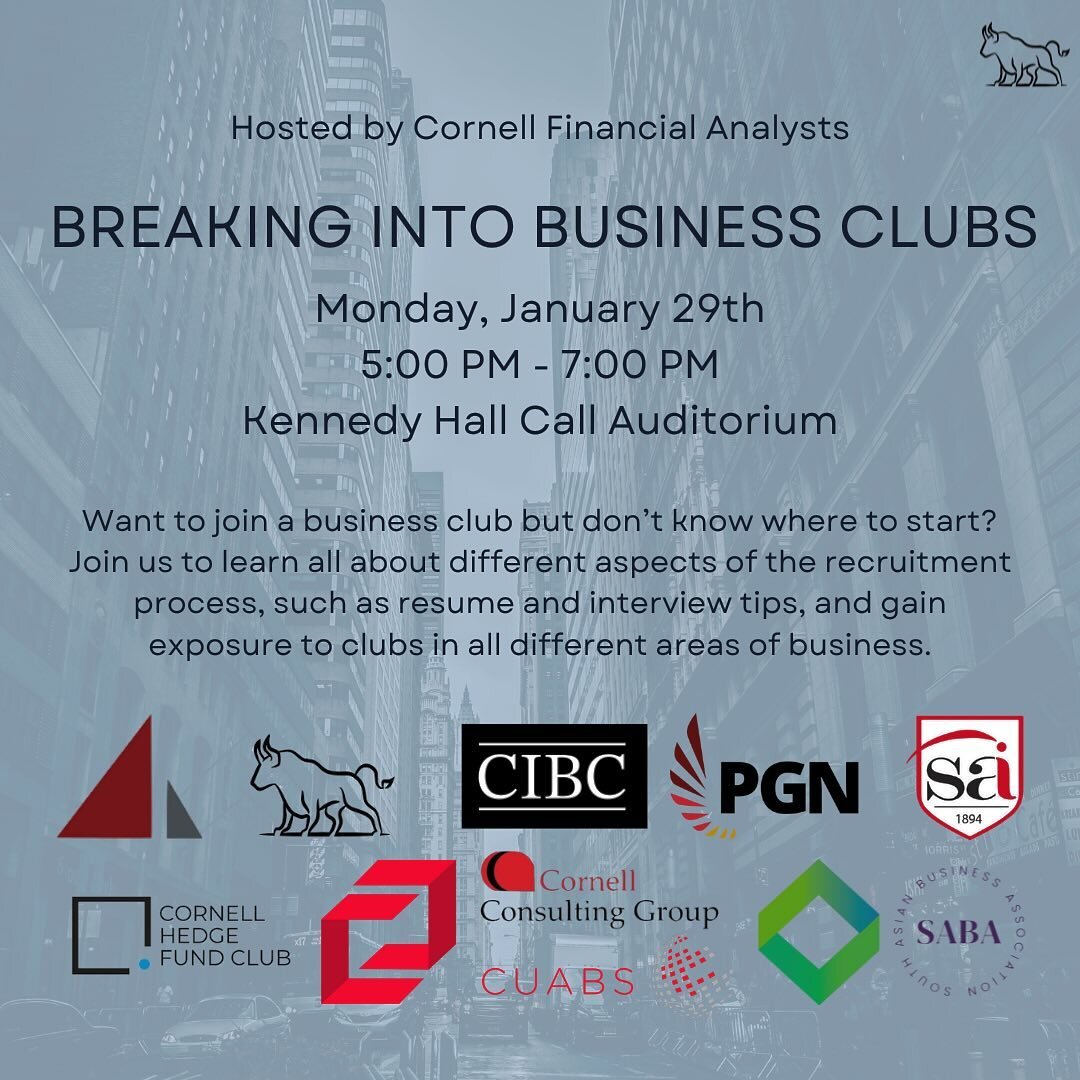 📢Breaking news&hellip;. Breaking into Business Clubs is back for yet another semester. Join us at the event, hosted by CFA, to learn about business club recruitment at Cornell!