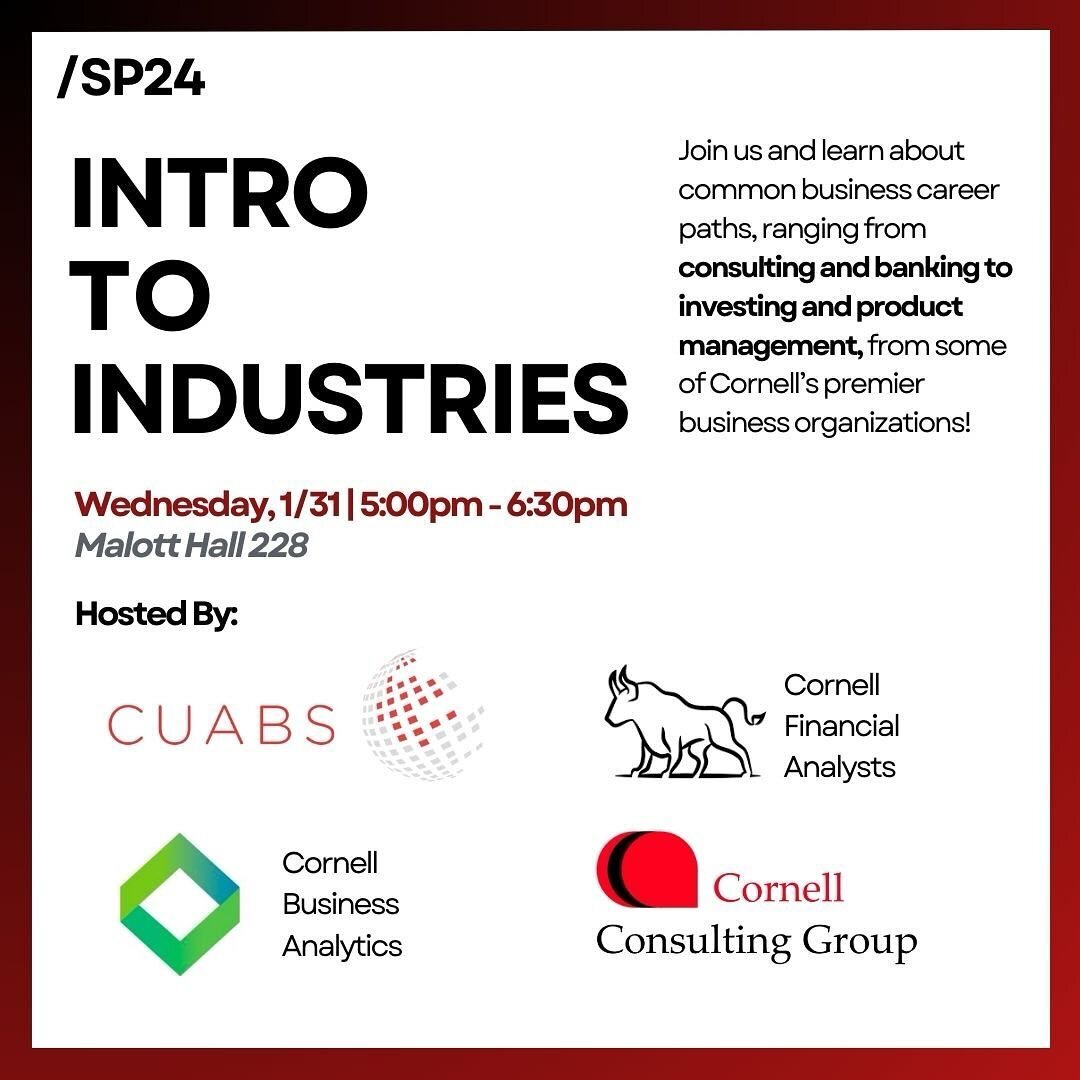 📢📢 Feeling unsure about which field of business you&rsquo;re interested in? Overwhelmed by the sheer volume of unfamiliar jargon tossed around within the business sphere? Intro to Industries is back for Spring &lsquo;24! 

CUABS, CFA, CBA, and CCG 