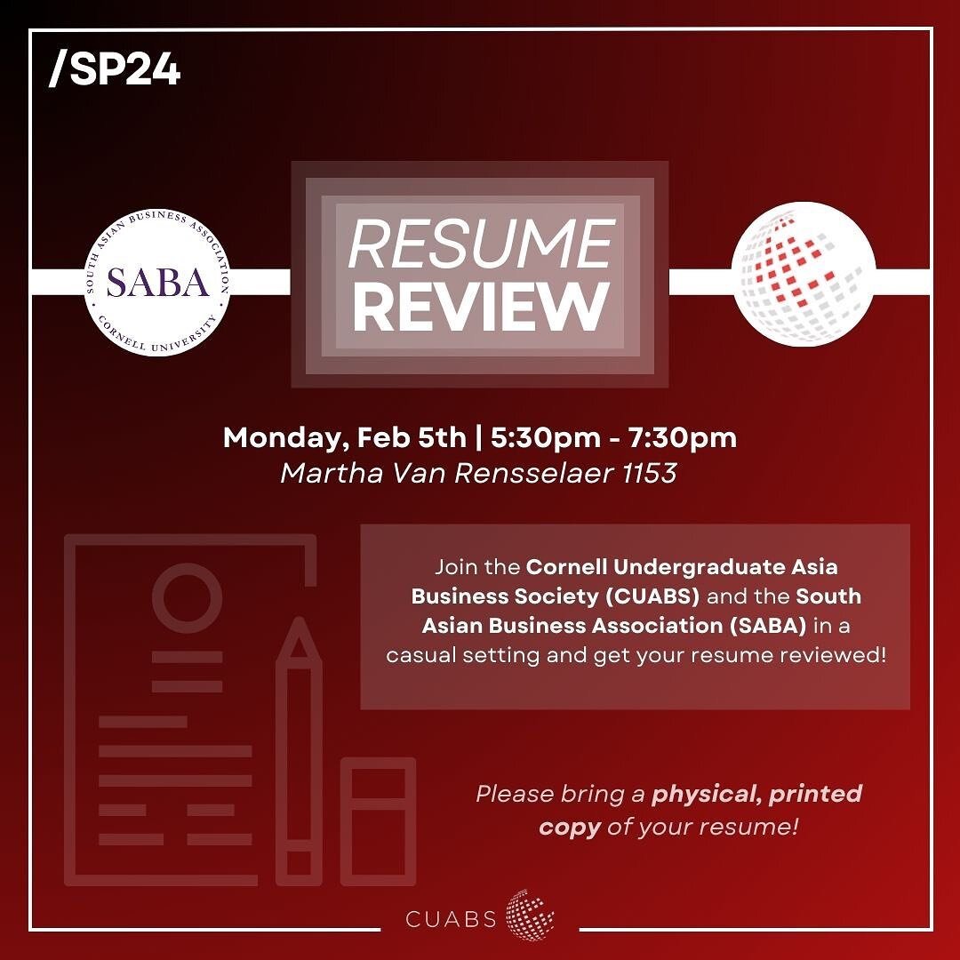 🗣Please join us tomorrow with SABA to have your resume reviewed in a casual setting! Remember to please bring a physical, printed copy of your resume!