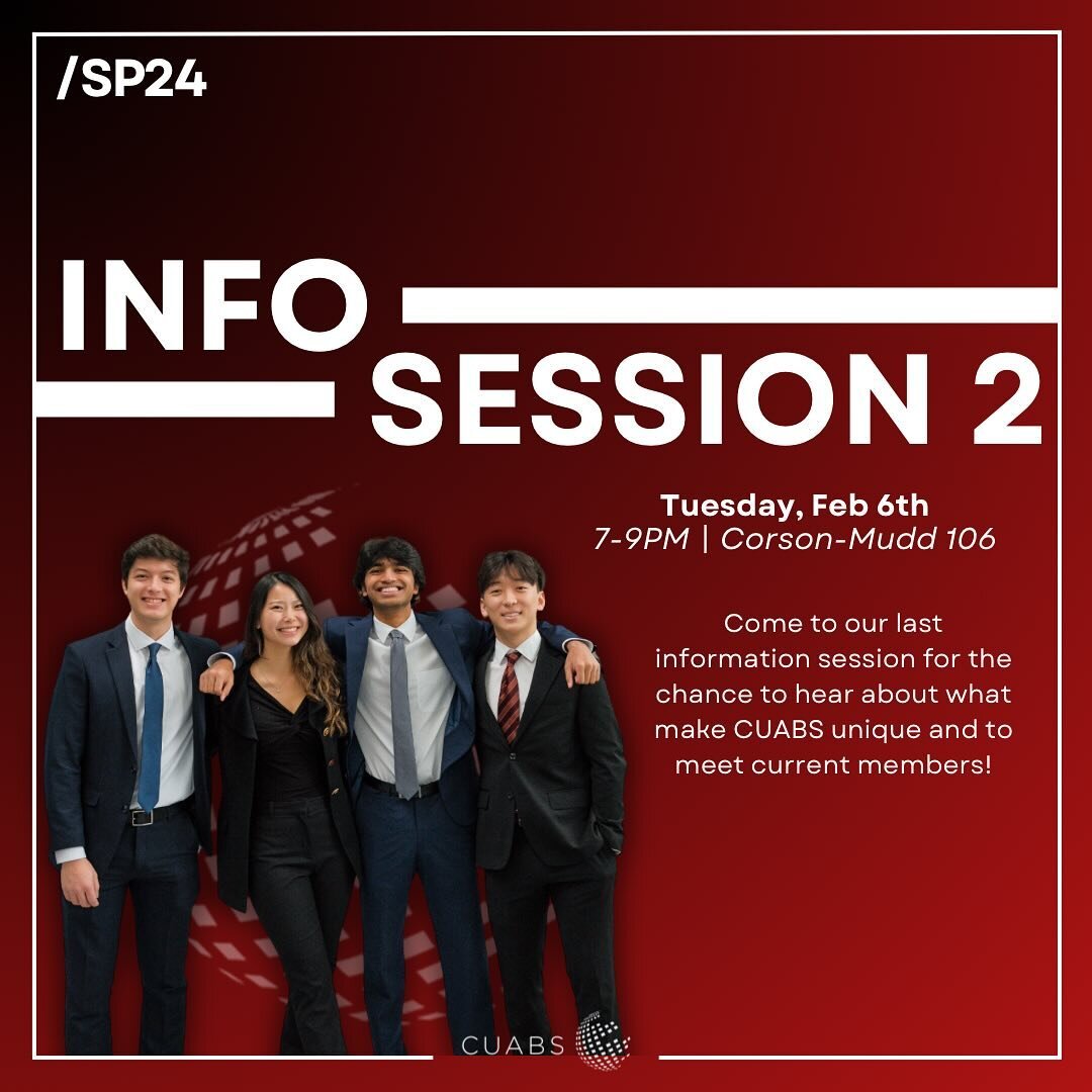 📢📢Our FINAL info session is TONIGHT from 7-9PM in Corson-Mudd 106

Come to learn more about CUABS and chat with current members! We are so excited to see you all there ❤️❤️

Reminder that applications are due TOMORROW at 6PM 📝📝