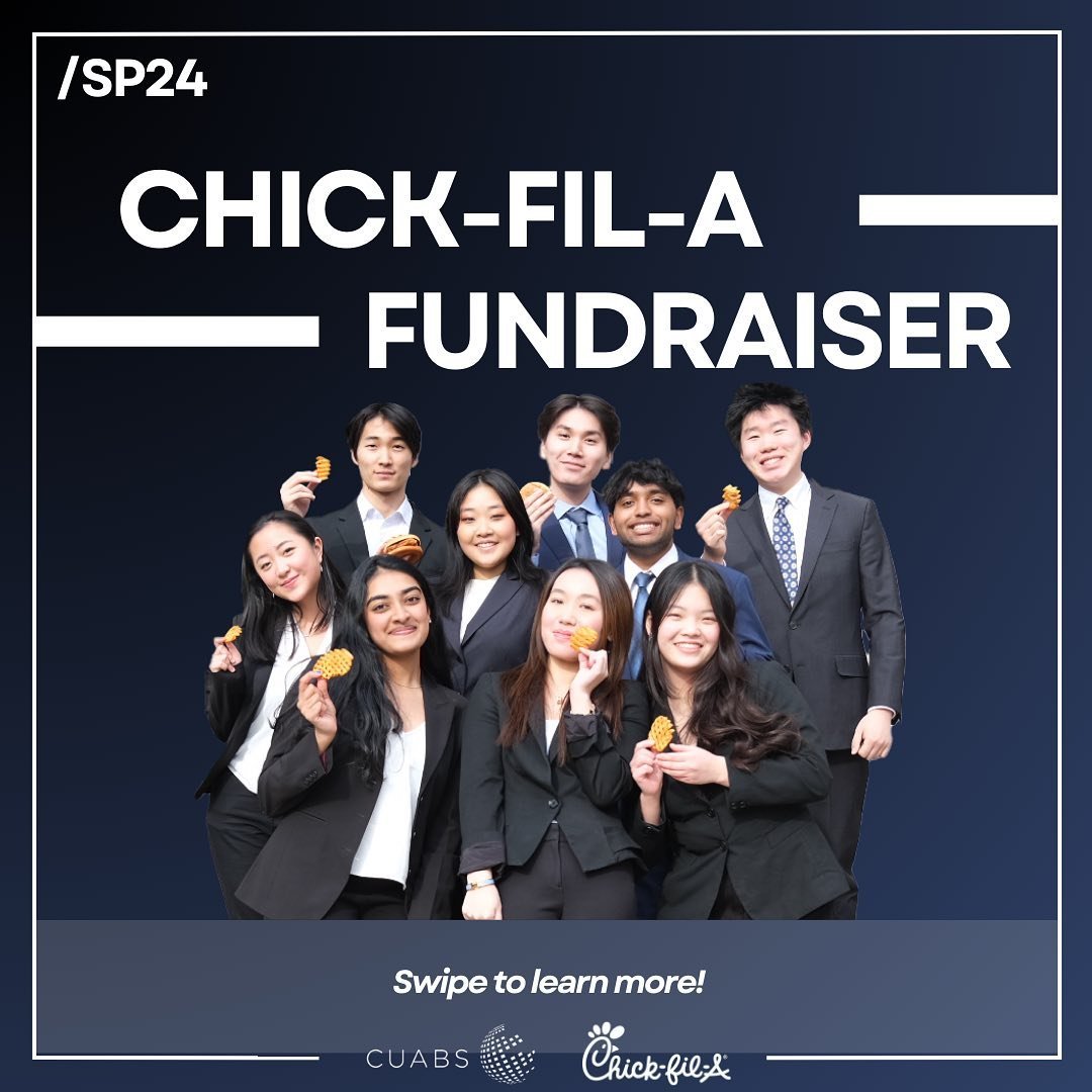 🐔 Pre-orders for the S24 CUABS x Chick-Fil-A Fundraiser are open! Place your pre-order by this Sunday, 4/14 and pick it up at one of our convenient on-campus locations Friday, 4/19!