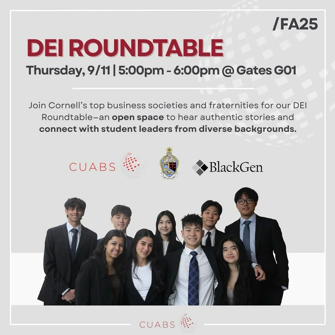 Join us tonight from 5:00pm to 6:00pm in Gates G01 for the DEI Roundtable! Hosted by CUABS, we&rsquo;ll be joined by BlackGen, and Alpha Kappa Psi&mdash;come for open conversation and the chance to connect with student leaders from diverse background