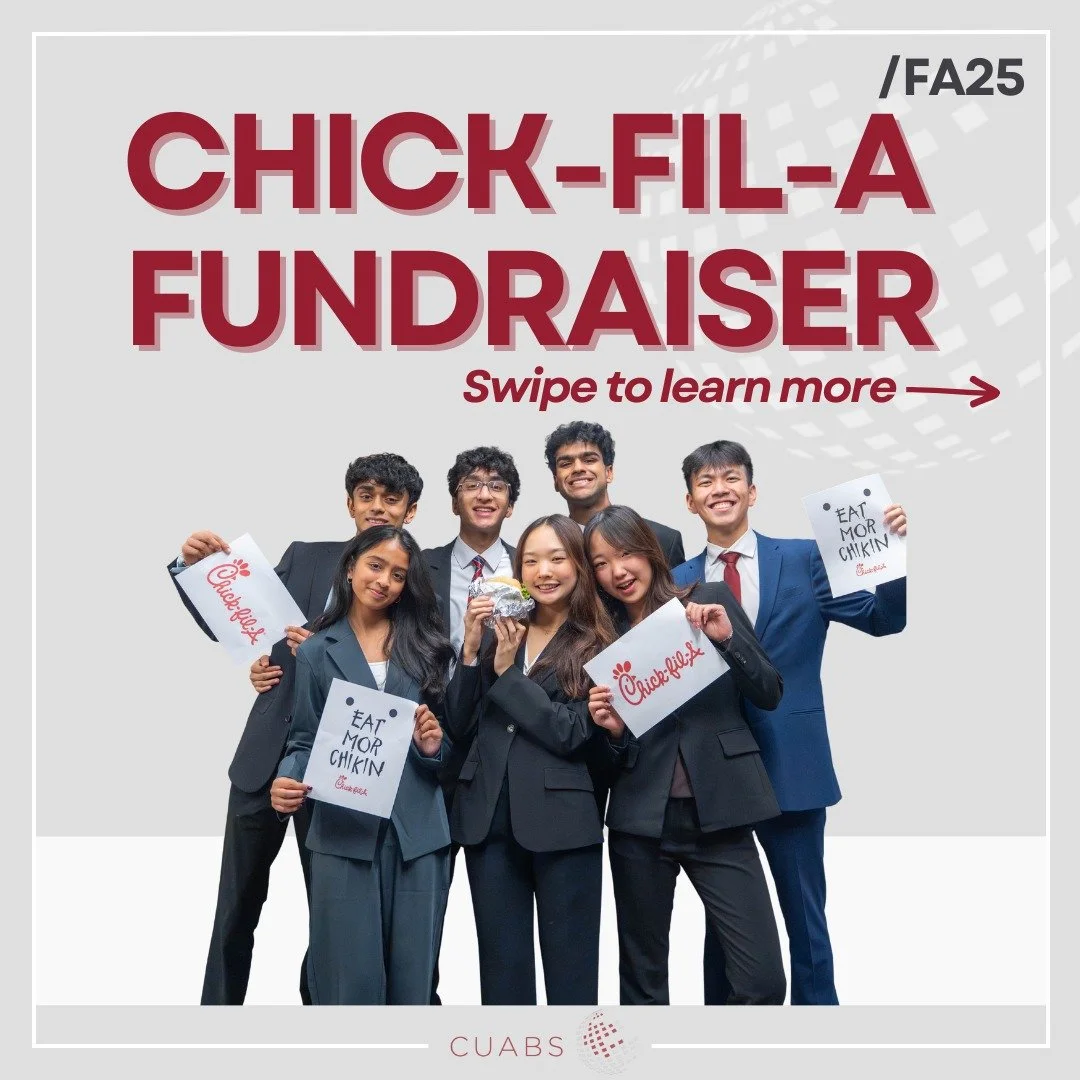 🔥 Pre-orders for Fall &lsquo;25 CUABS x Chick-fil-A fundraiser are now LIVE!!🔥

✅ Skip the line and place your pre-order by Sunday, Nov. 16 @ 11:59 PM.
📍 Pick up your pre-order or buy in-person on Wednesday, Nov. 19 at RPCC, Duffield, Statler, or 