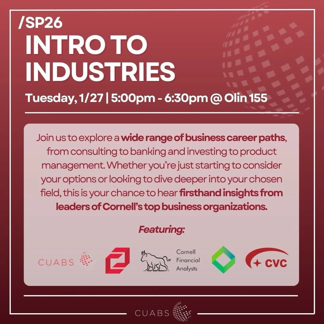 Intro to Industries is taking place today from 5:00pm to 6:30 in Olin 155! Come join us to learn more about a wide range of business clubs and careers. Looking forward to seeing you tonight!