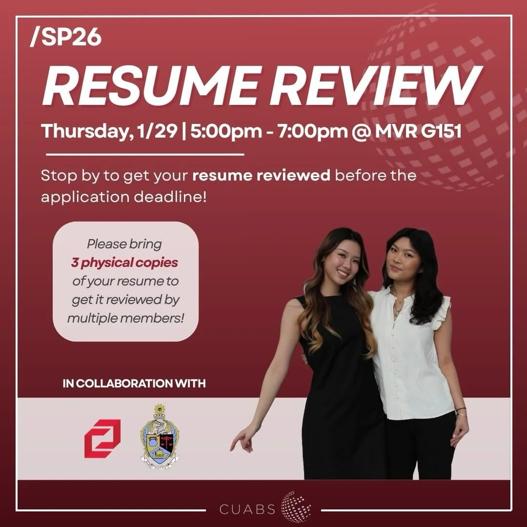 Join us TONIGHT along with Cornell Consulting and AKPsi from 5:00pm to 7:00pm in MVR G151 to have your resume reviewed before applications are due! Please bring 3 physical copies of your resume.
