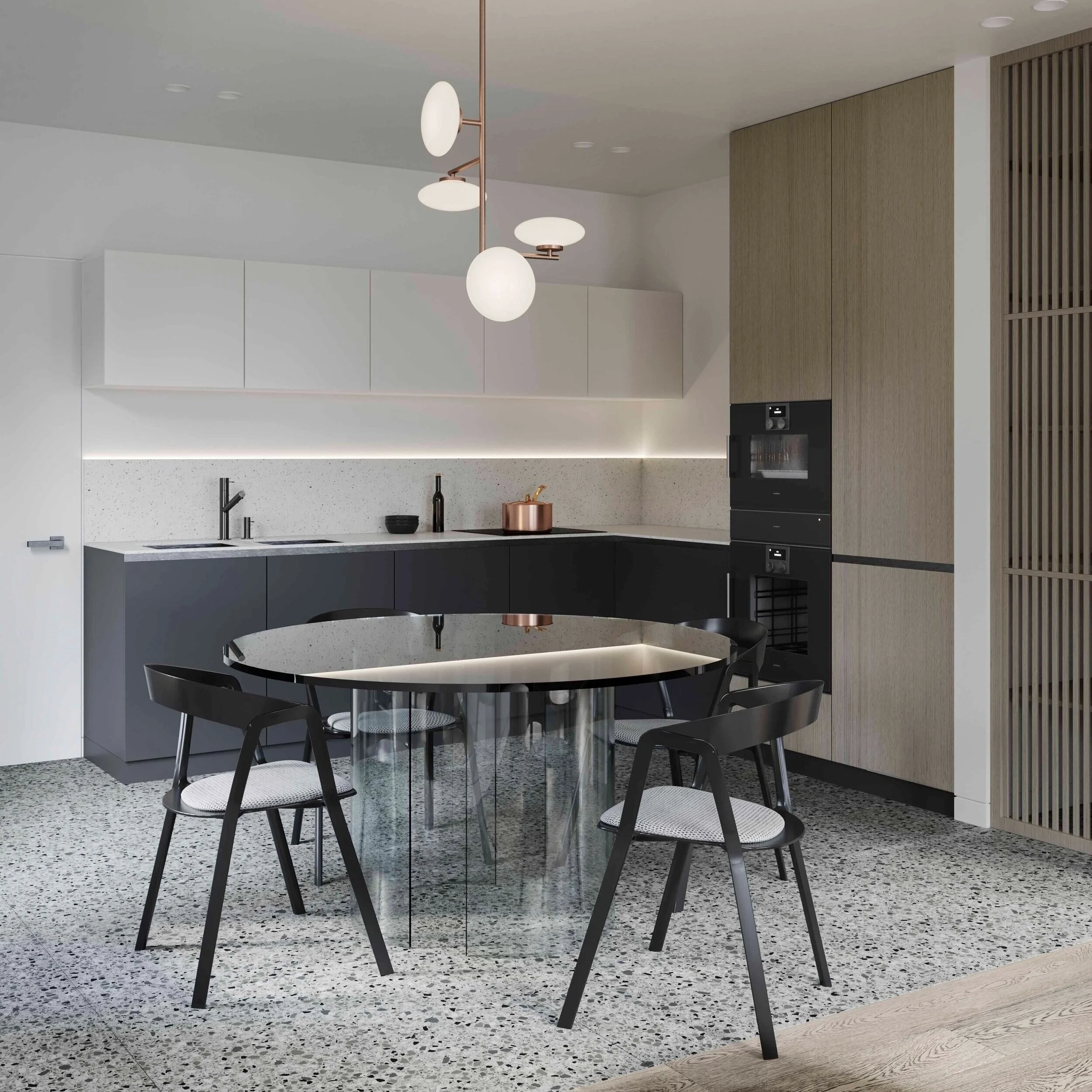 Modern kitchen interior with sleek black and white cabinets, a terrazzo floor, and a round glass dining table with black chairs. Features a minimalist design with integrated appliances and a contemporary light fixture.