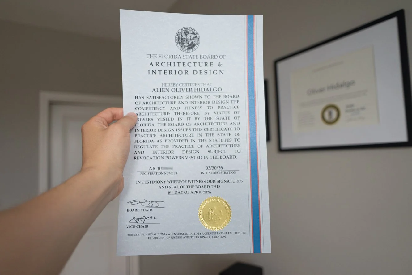 Architects license being held against camera