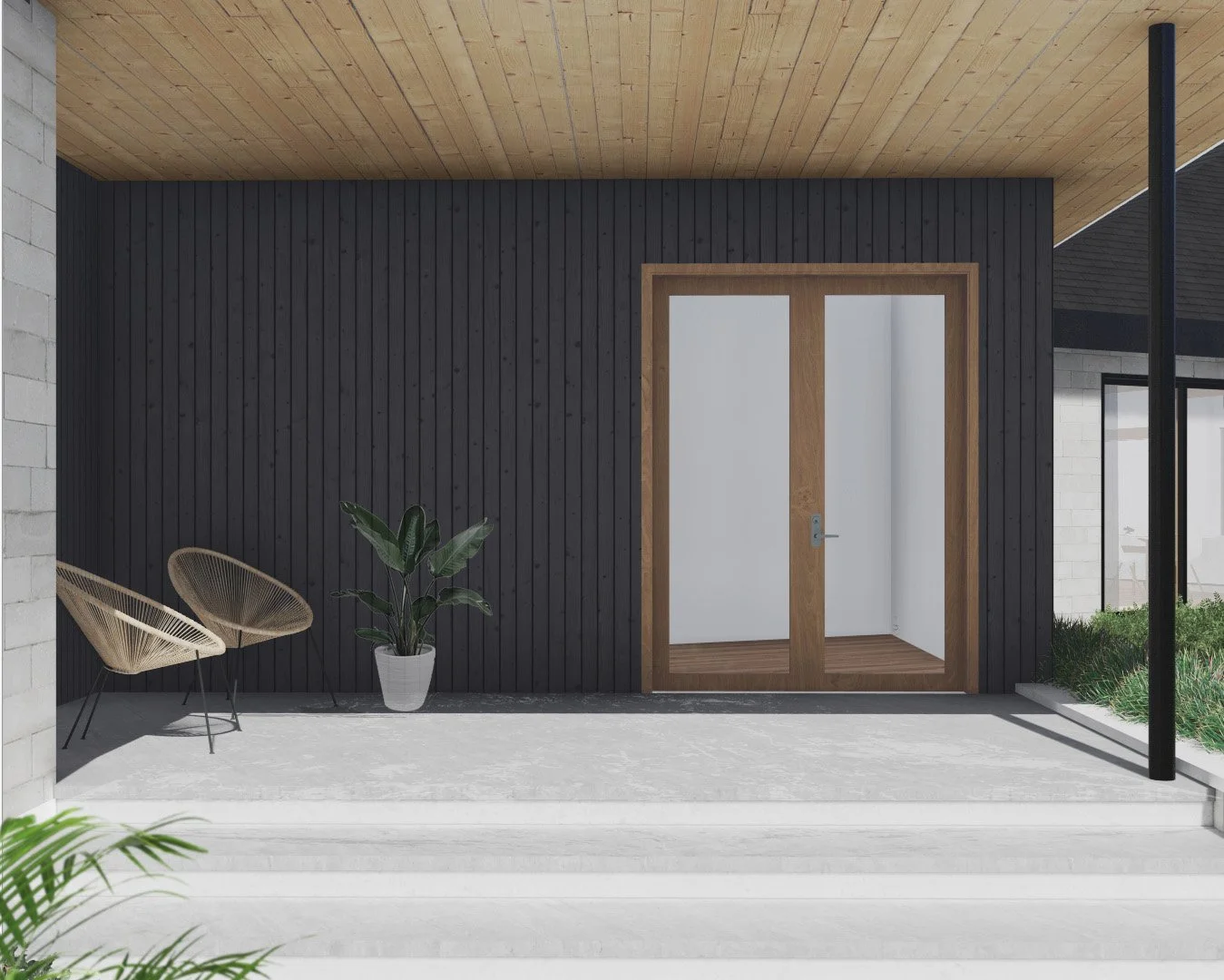 shou sugi ban siding at a front porch