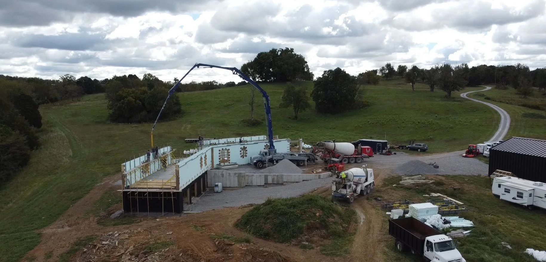 Concrete placement for an Insulated Concrete Form (ICF) residential structure.
