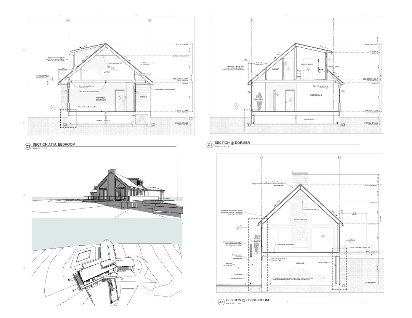 Building sections and aerial studies for a custom residence